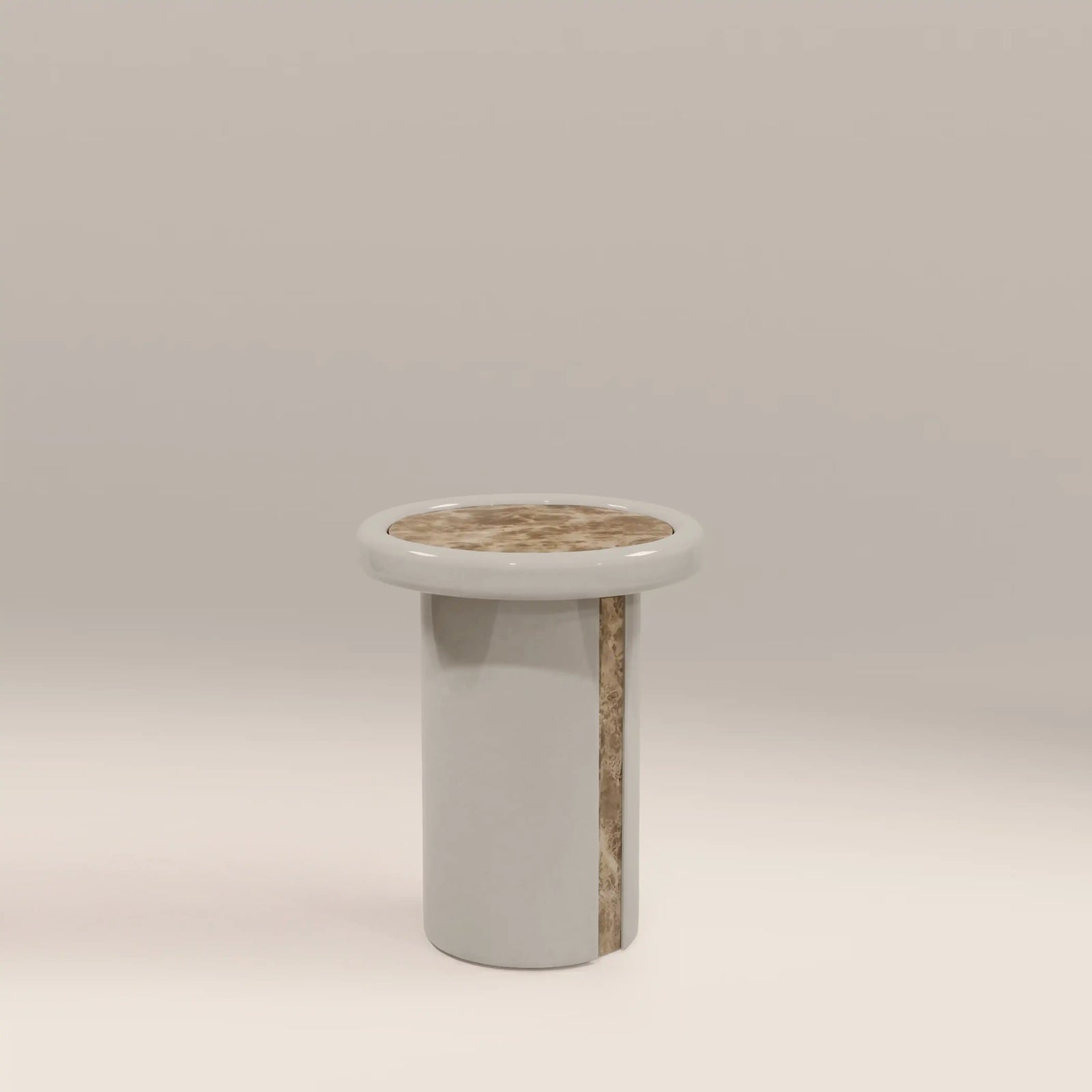 Imani Round Side Table | Cappuccino Brown Marble & High Gloss Latte