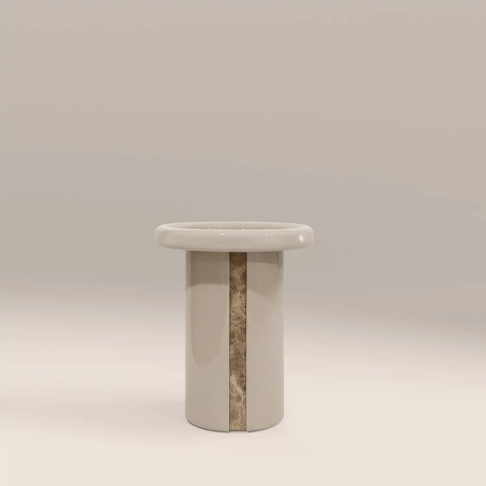 Imani Round Side Table | Cappuccino Brown Marble & High Gloss Latte