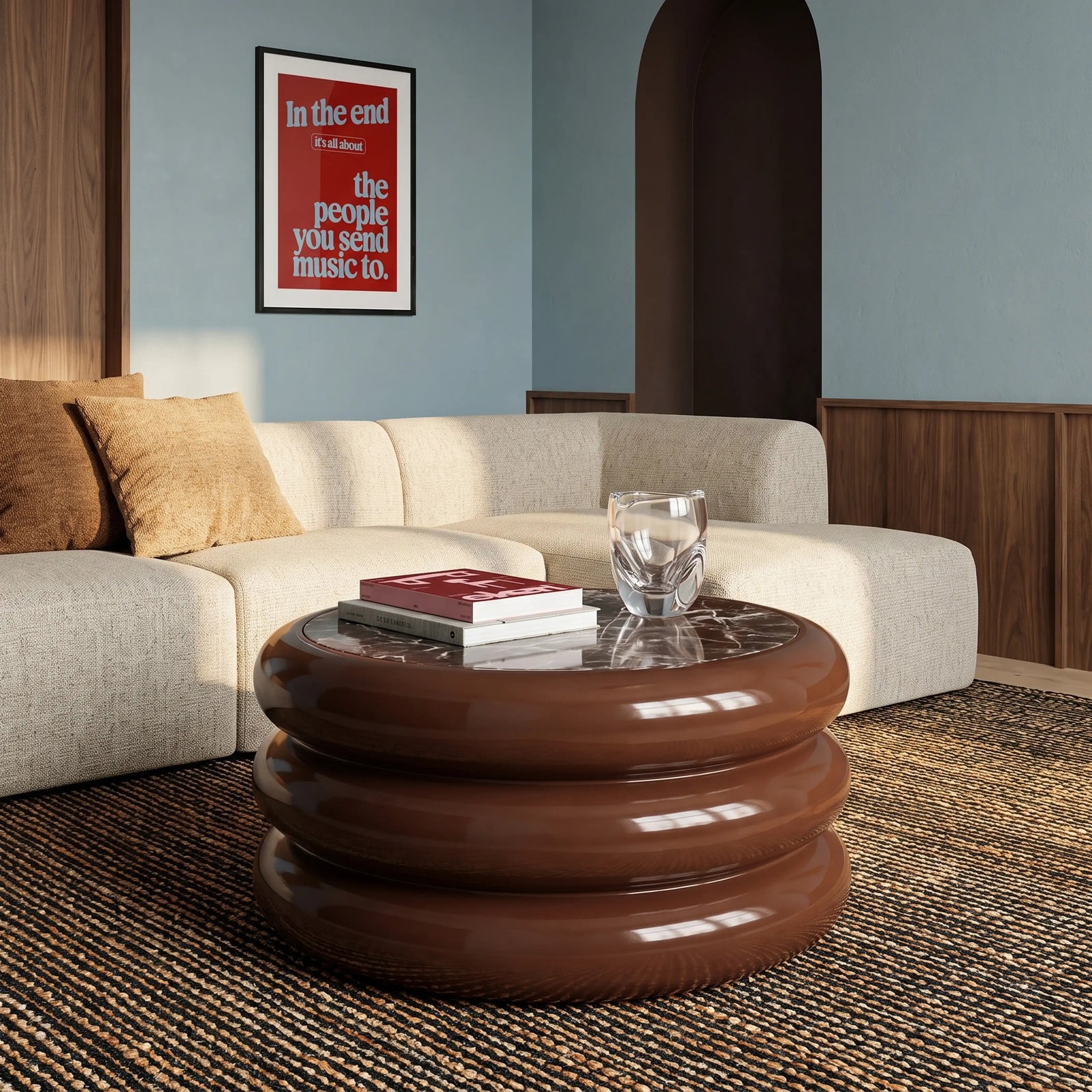 Rosco Round Coffee Table | Maroon Red Marble & High Gloss Burgundy