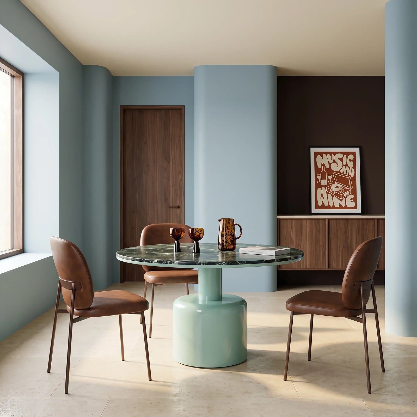 Vance 4 Seat Round Dining Table | Emerald Green Marble & High Gloss Mint Green