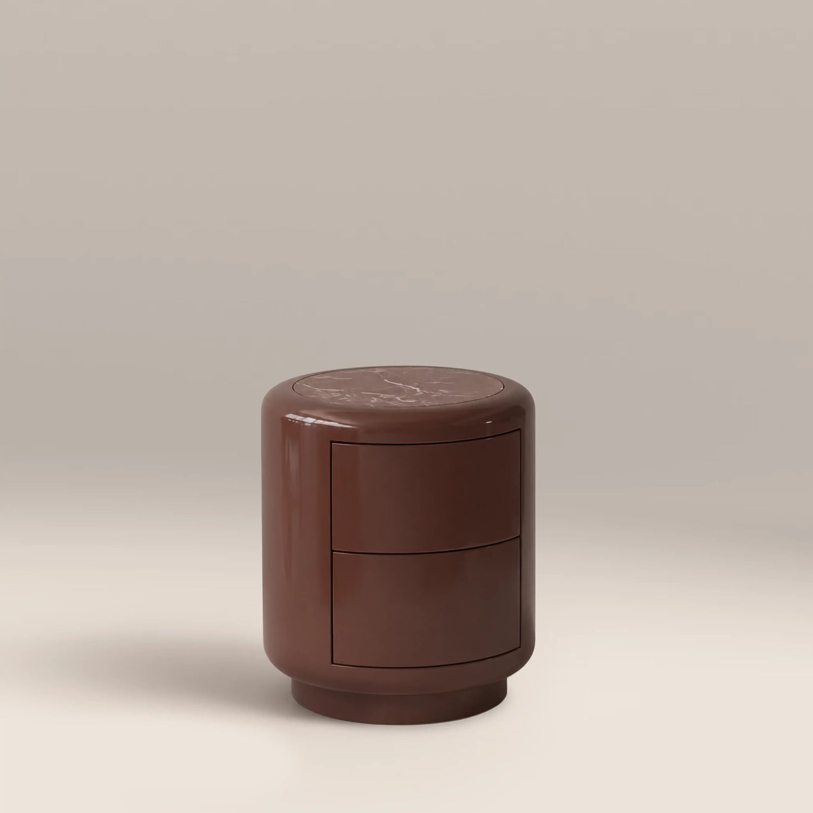 Clemmie 2 Drawer Round Bedside Table | Maroon Red Marble & High Gloss Burgundy