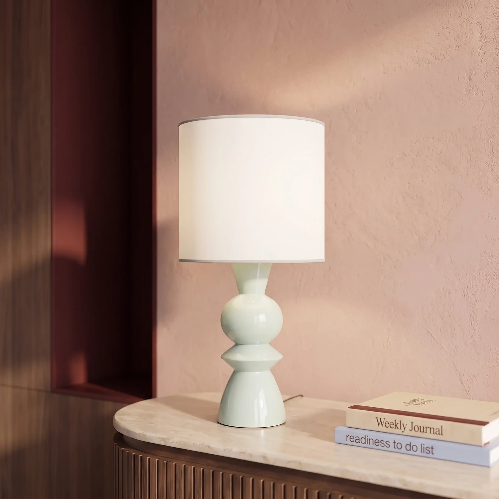 Perrie Table Lamp | Natural Linen & High Gloss Mint Green