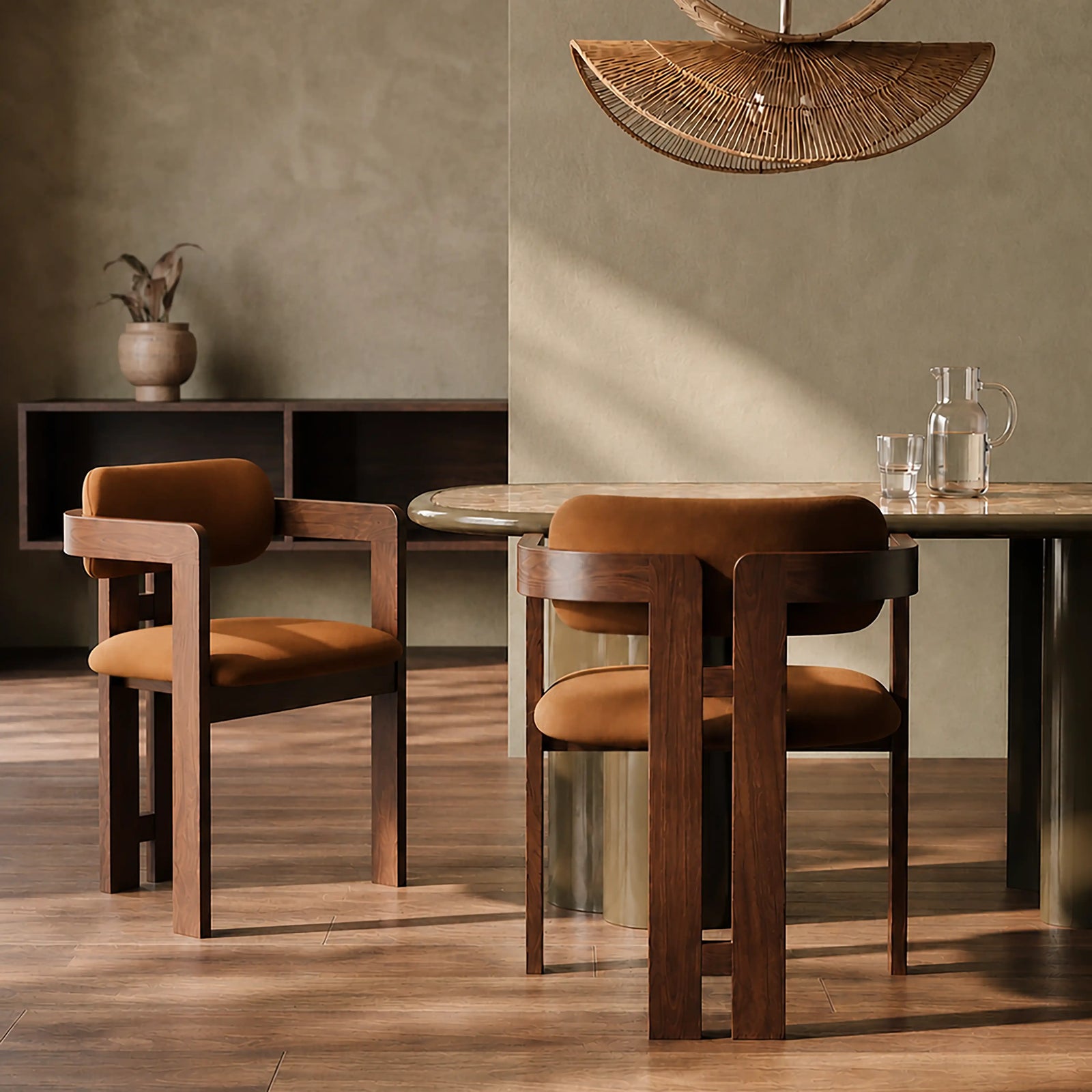 Hallie Wooden Carver Dining Chair | Caramel Brown Sustainable Mohair Velvet & Walnut