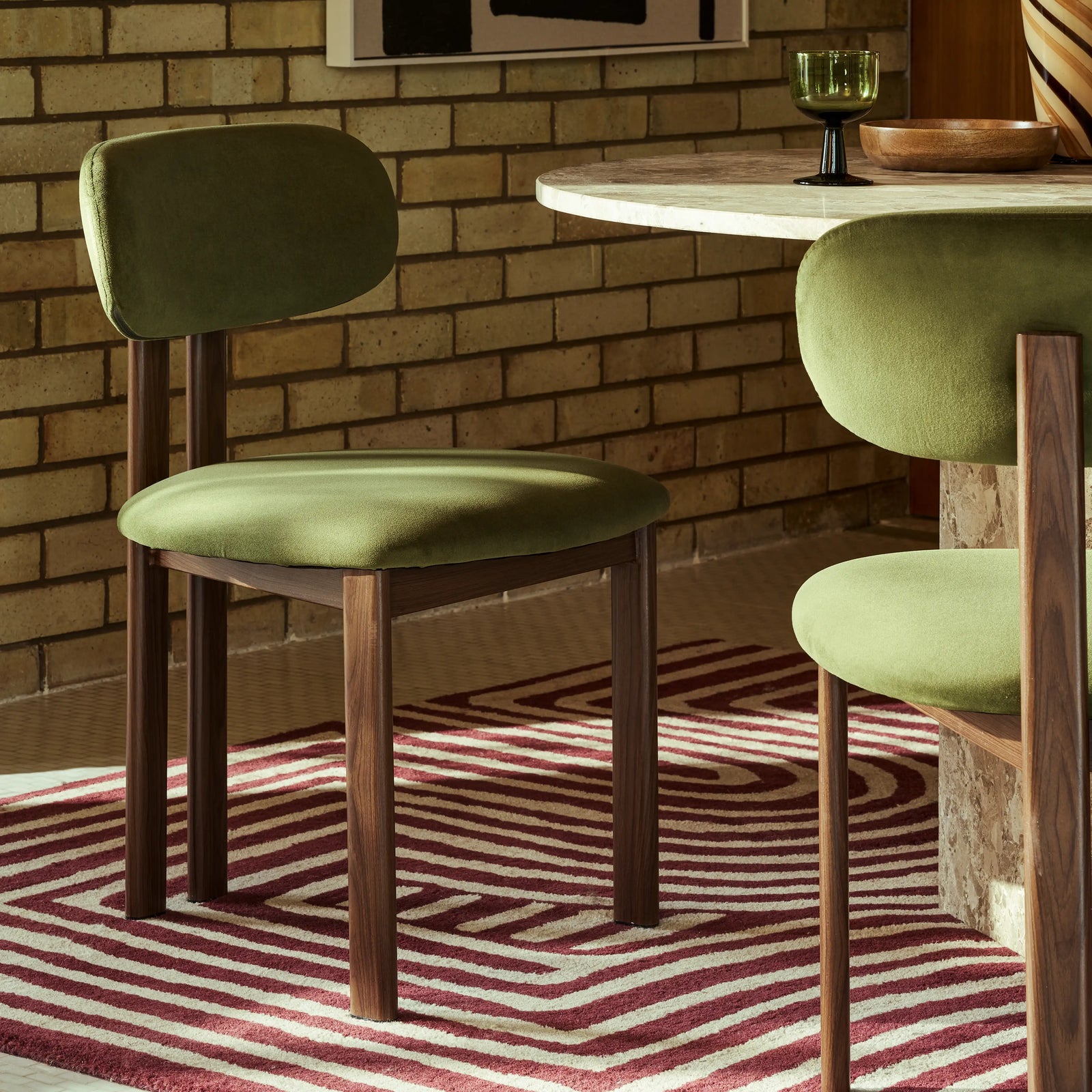 Hallie Carver Dining Chair | Moss Green Sustainable Mohair Velvet & Walnut