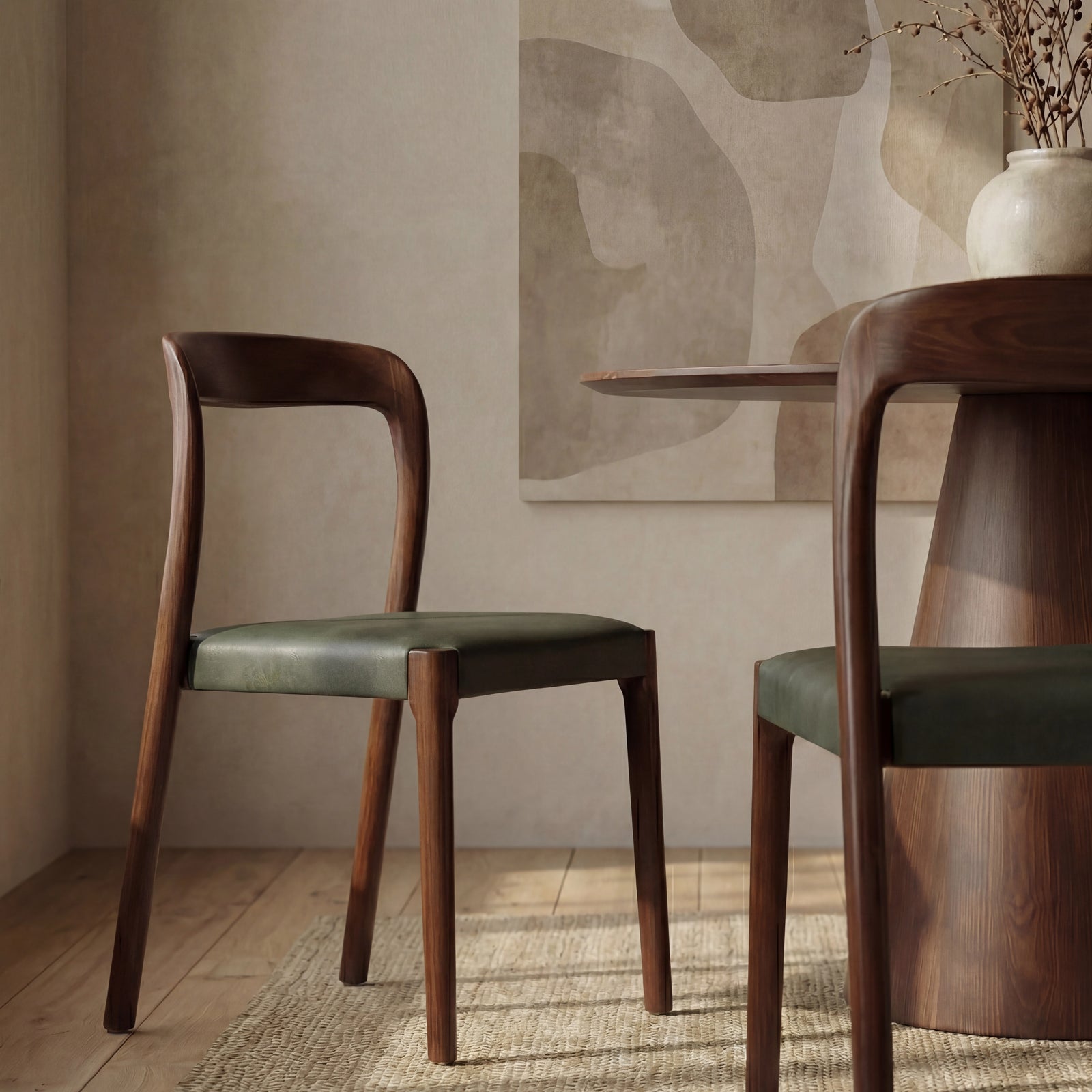 Madeleine Stackable Wooden Dining Chair | Vintage Green Faux Leather & Walnut