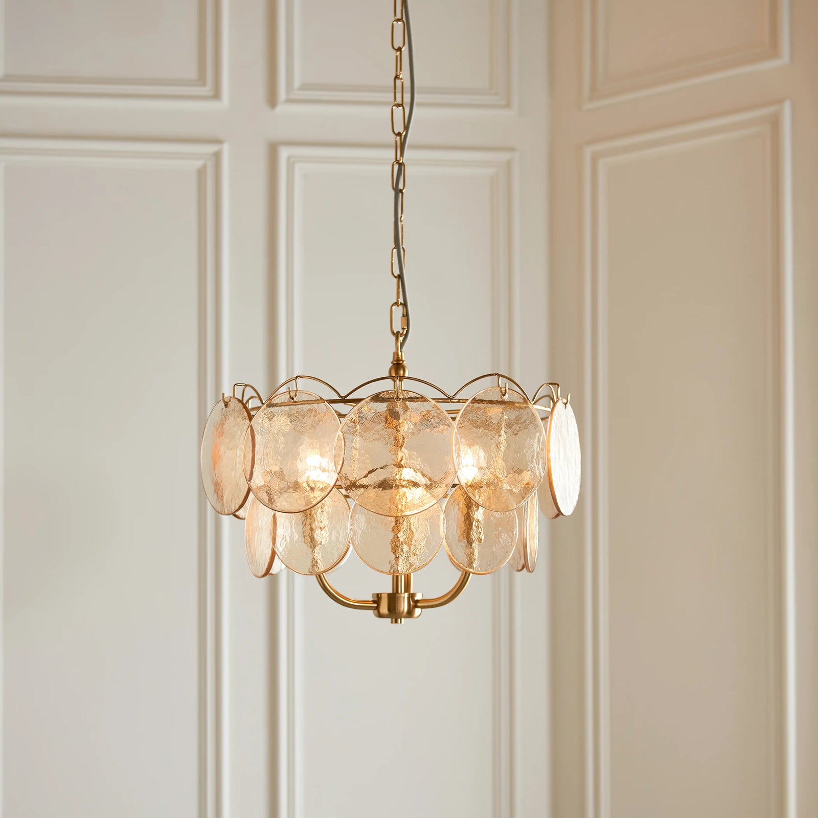 Lenora 3 Light Pendant Light | Champagne Rippled Glass & Brass