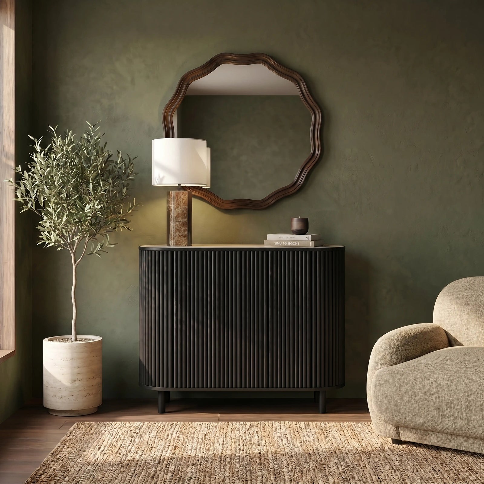 Santana Sideboard | Smoked Grey Travertine Effect Sintered Stone & Black