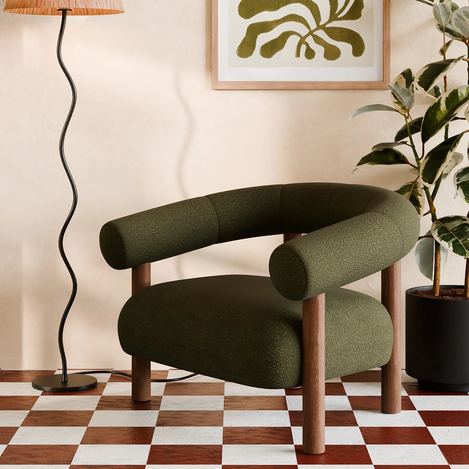 Cielo Armchair | Moss Green Boucle & Walnut