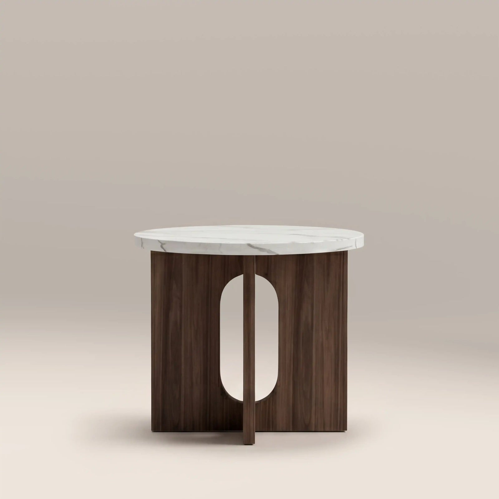 Moreton Round Side Table | White Marble Effect & Walnut