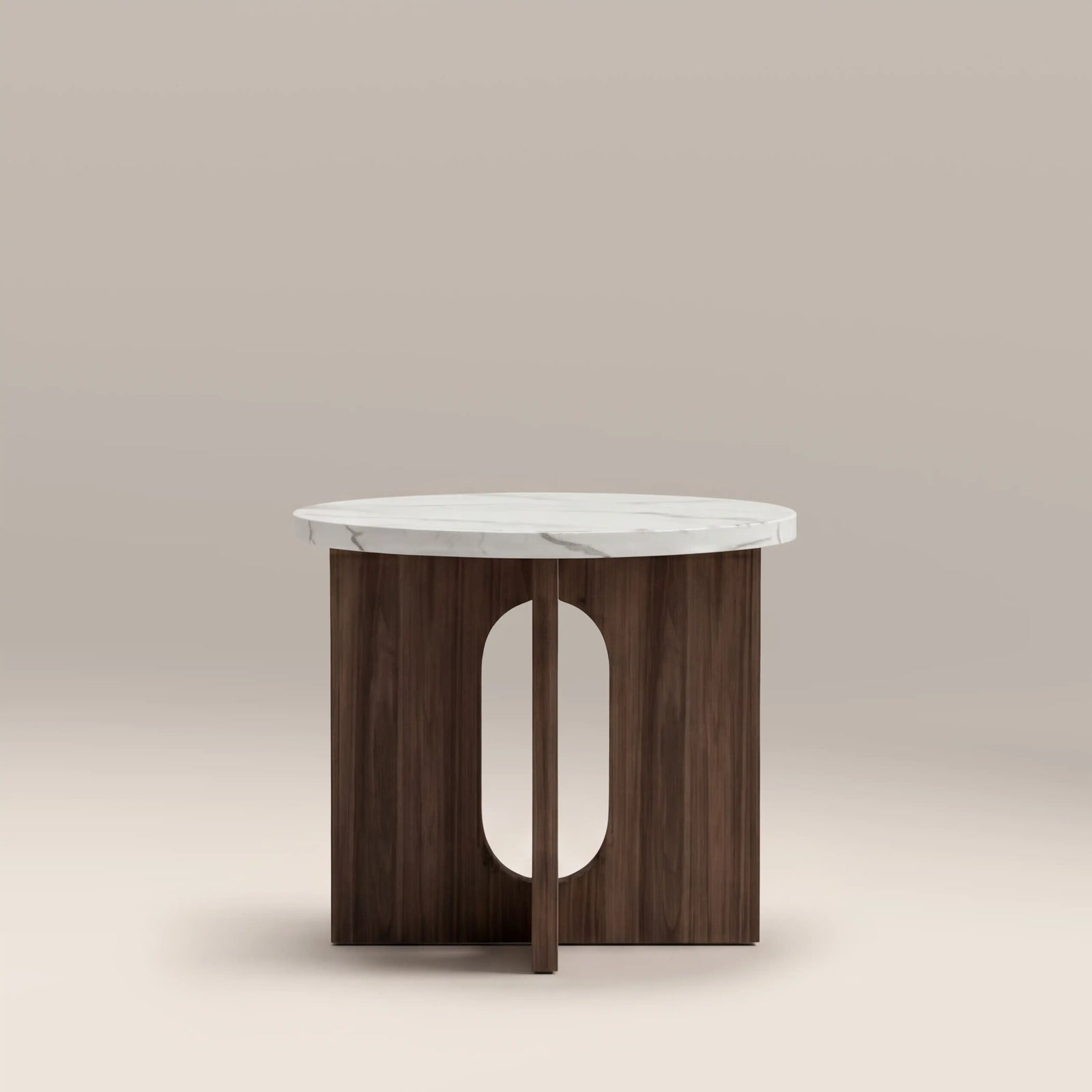Moreton Round Side Table | White Marble Effect & Walnut