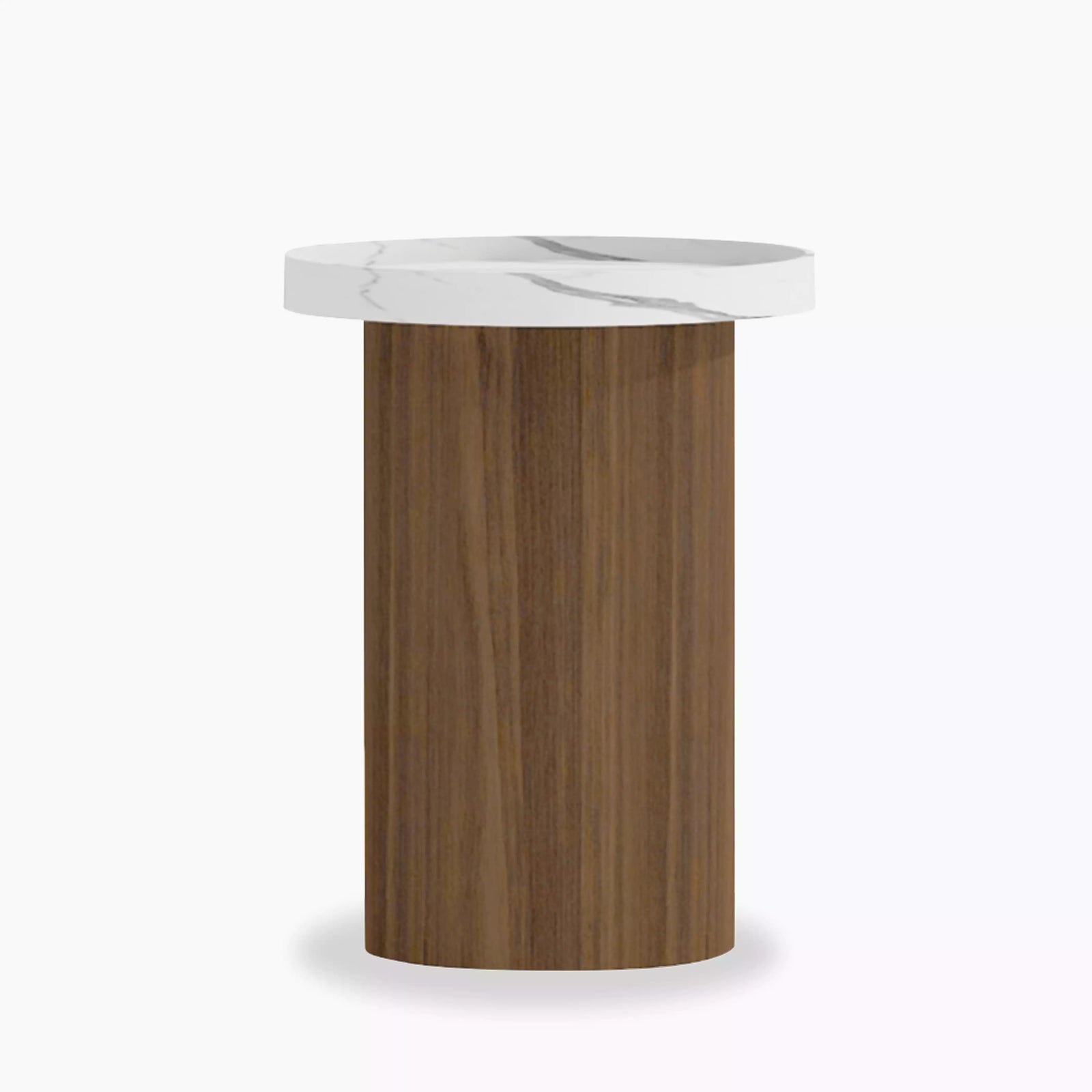Raya Round Wooden Side Table | White Marble & Walnut