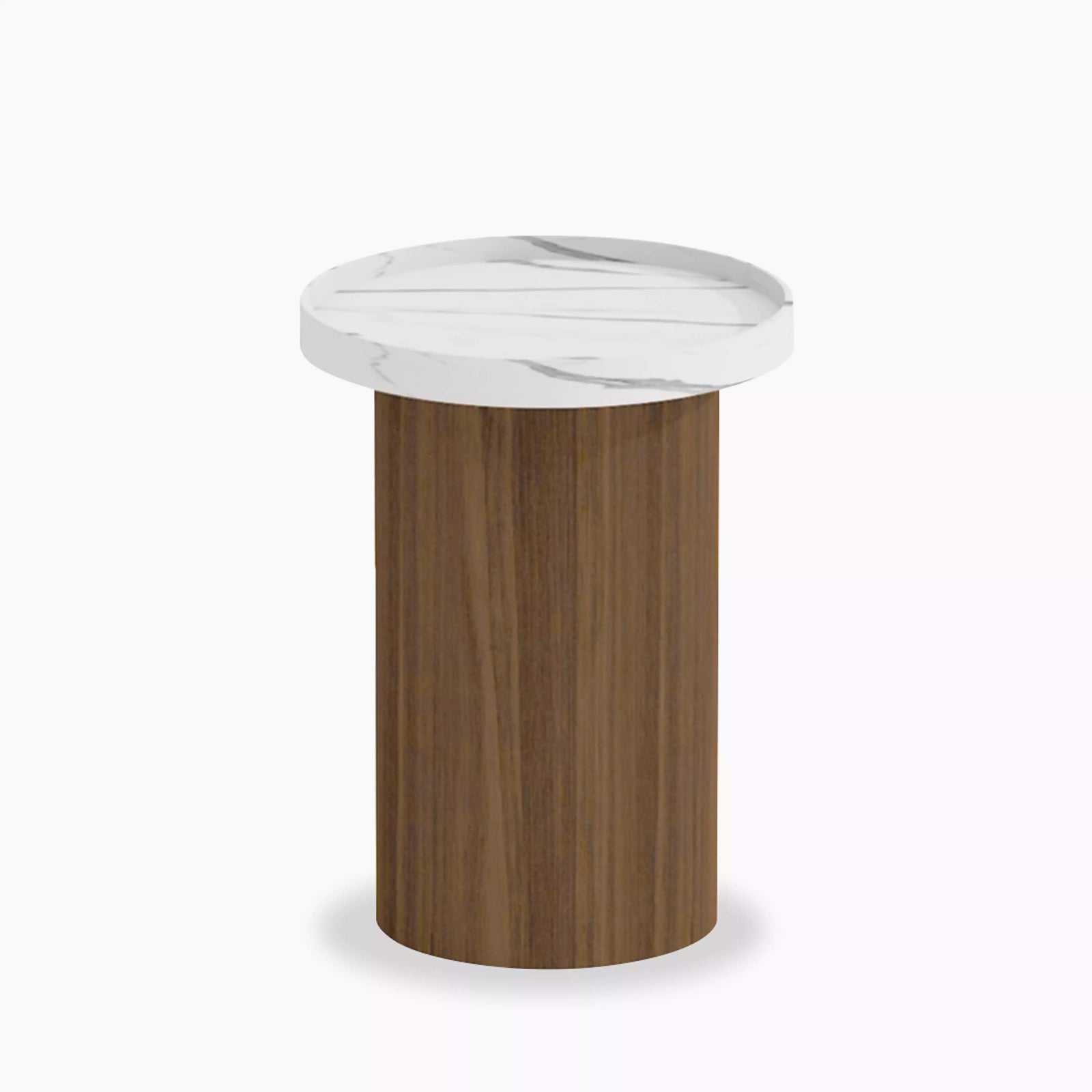 Raya Round Wooden Side Table | White Marble & Walnut