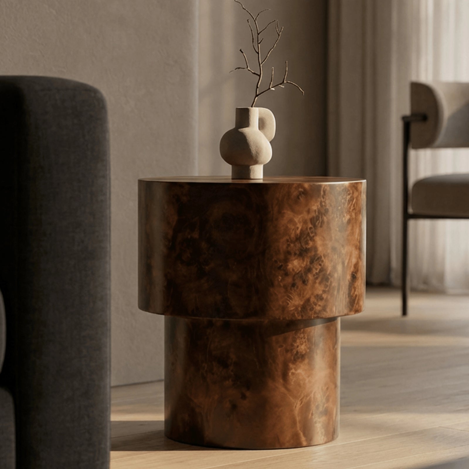 Dalton Round Wooden Side Table | Walnut Burl Wood