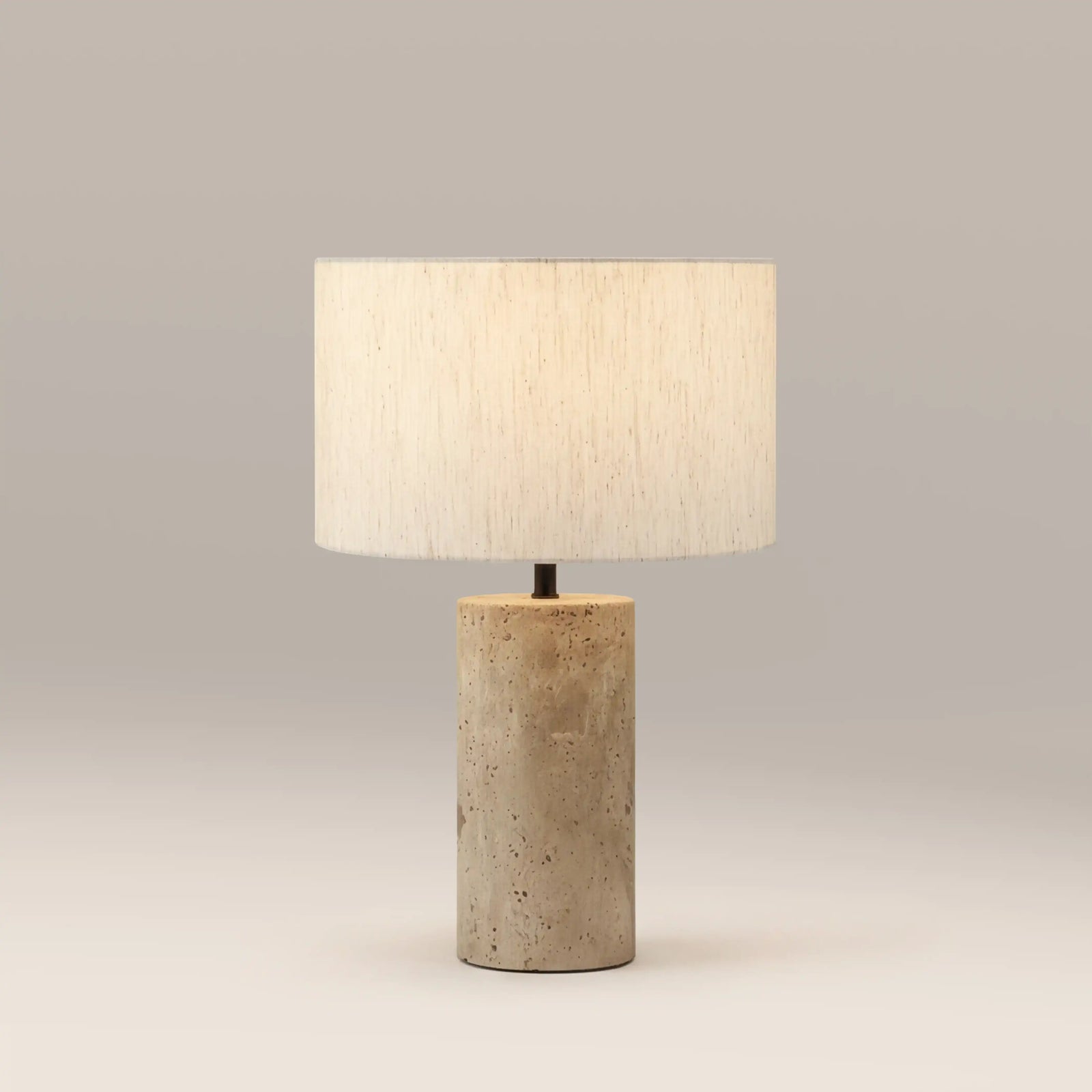 Emberlyn Table Lamp | White Linen & Natural Travertine