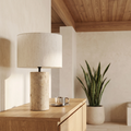 Emberlyn Table Lamp | Natural Linen & Natural Travertine