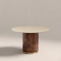 Perry 4 Seat Round Dining Table | Natural Travertine Effect Sintered Stone & Walnut Burl Wood