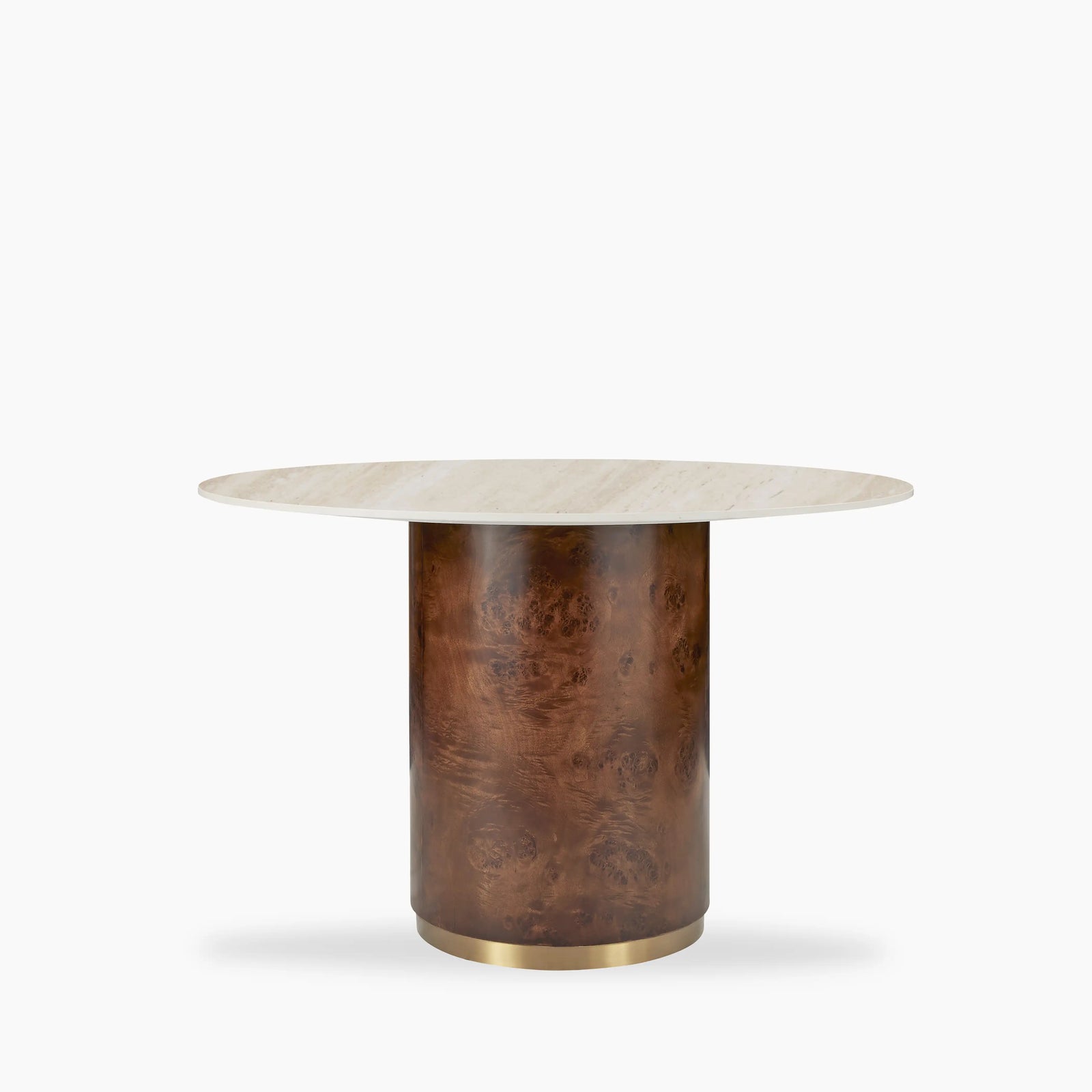 Perry 4 Seat Round Dining Table | Natural Travertine Effect Sintered Stone & Walnut Burl Wood