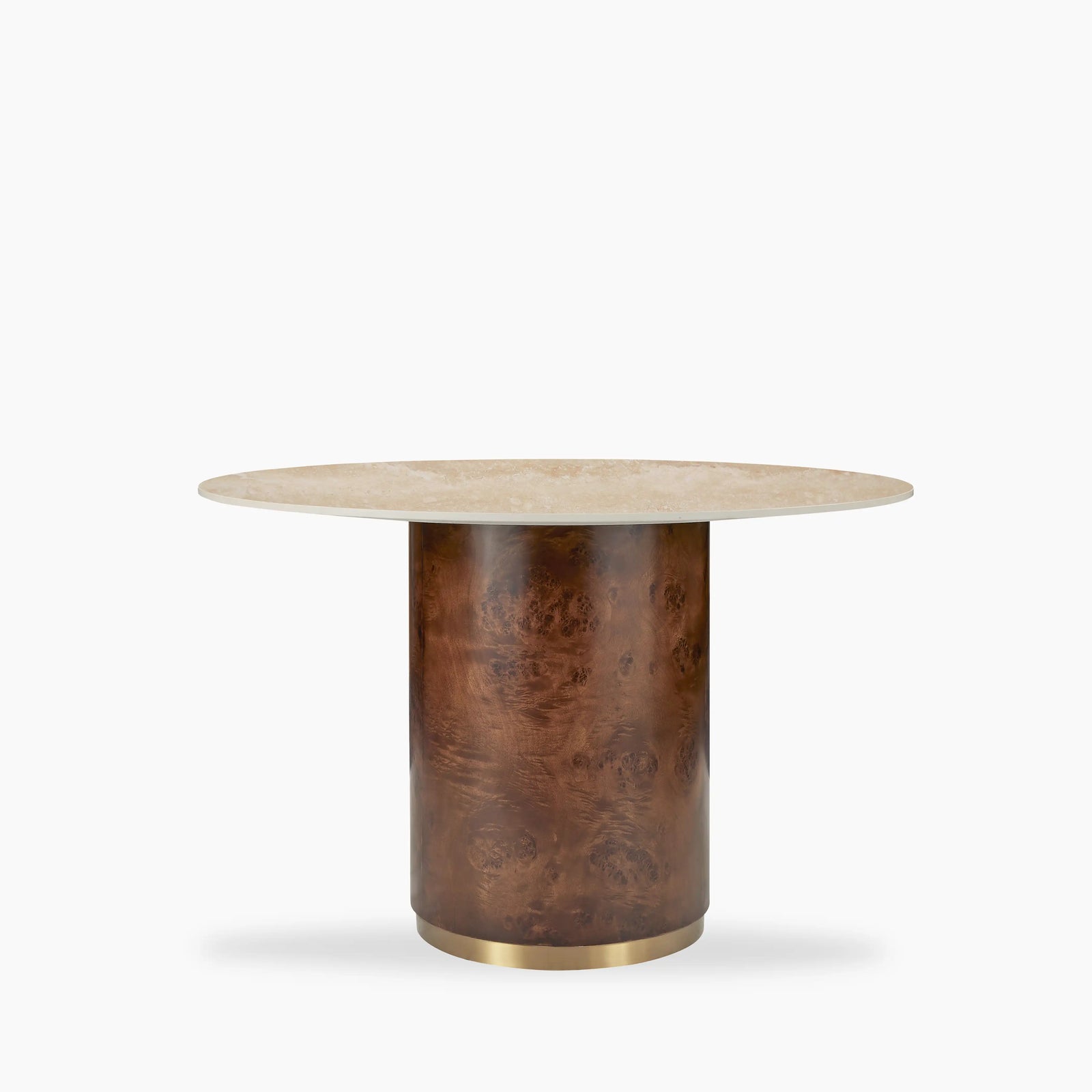 Perry 4 Seat Round Dining Table | Natural Travertine Effect Sintered Stone & Walnut Burl Wood