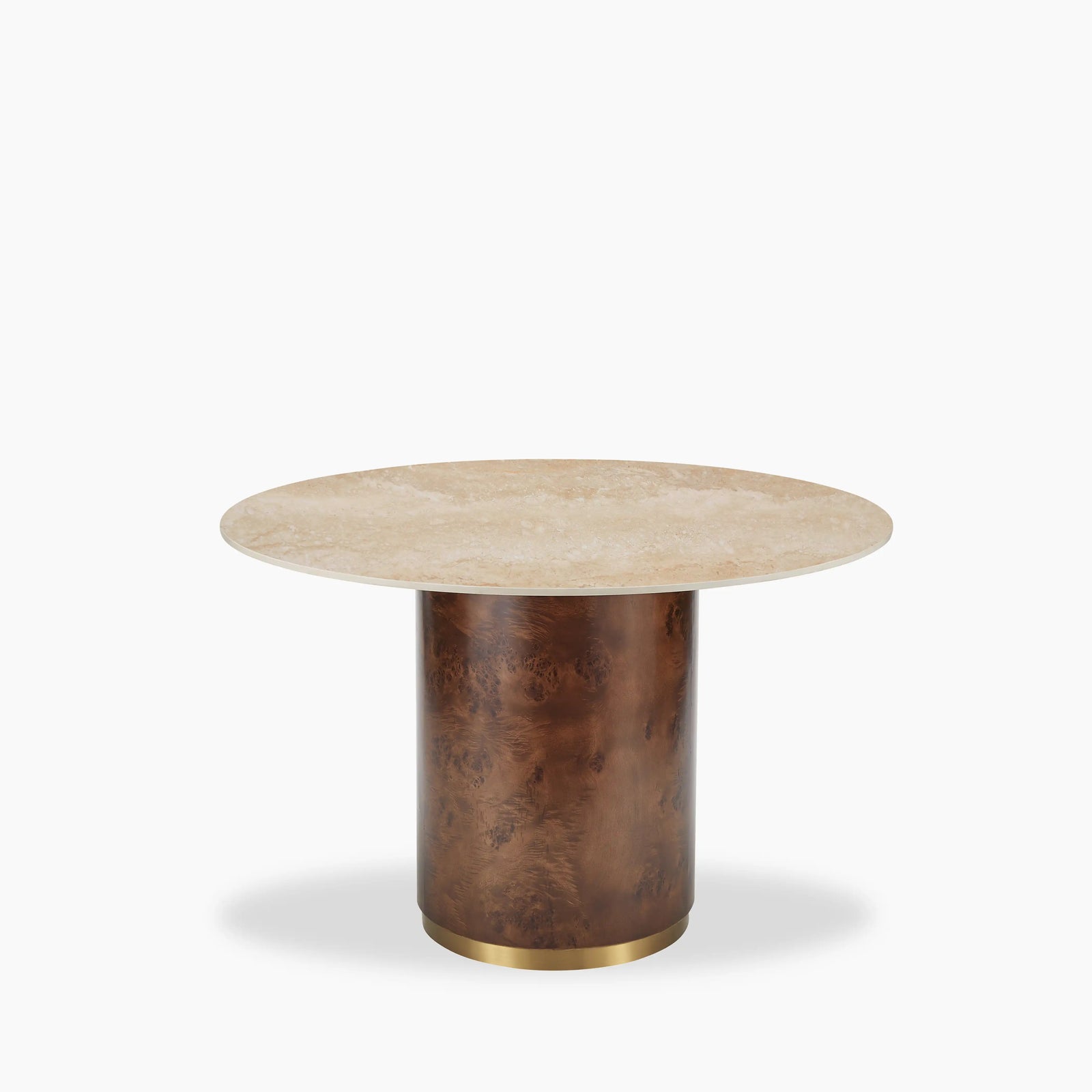 Perry 4 Seat Round Dining Table | Natural Travertine Effect Sintered Stone & Walnut Burl Wood