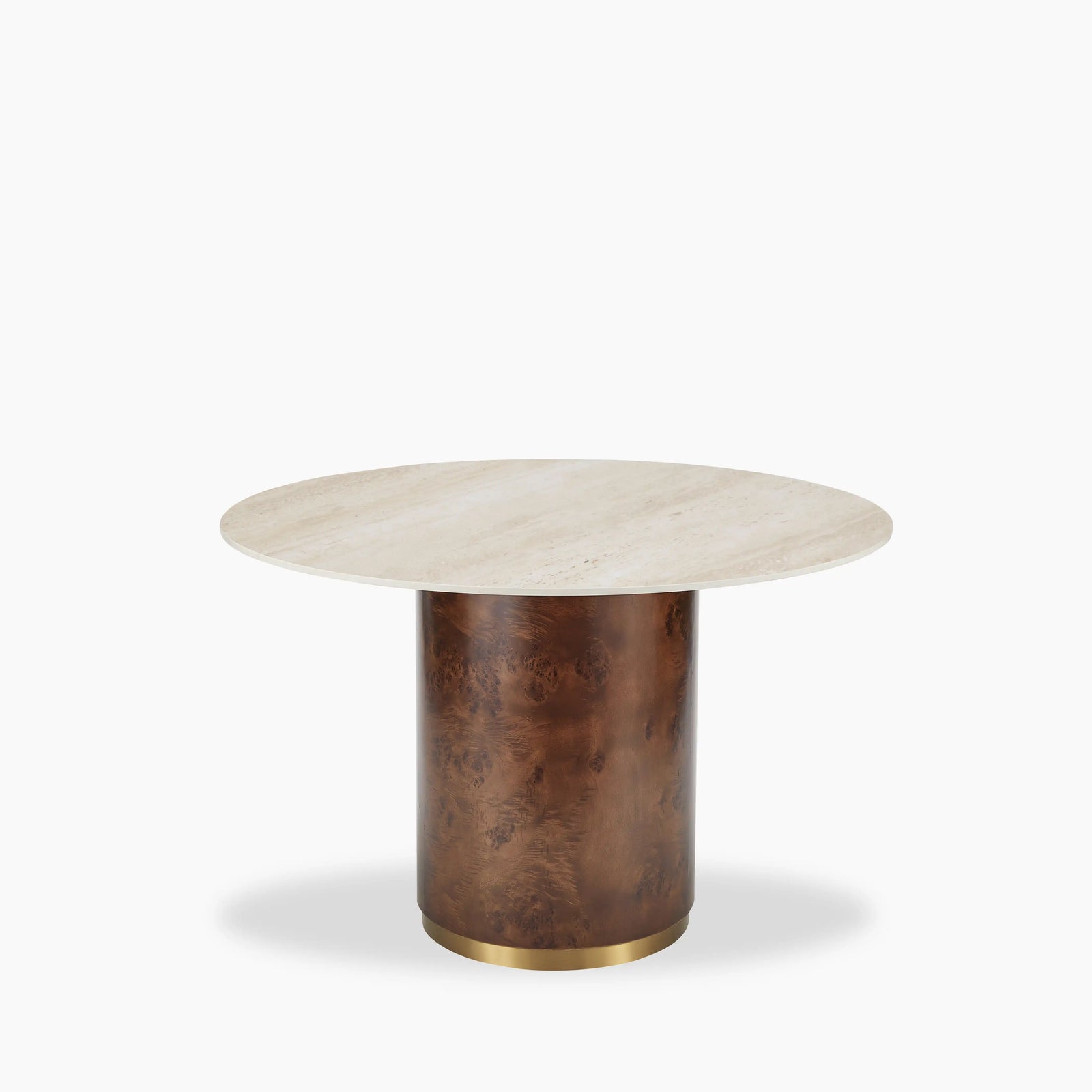 Perry 4 Seat Round Dining Table | Natural Travertine Effect Sintered Stone & Walnut Burl Wood