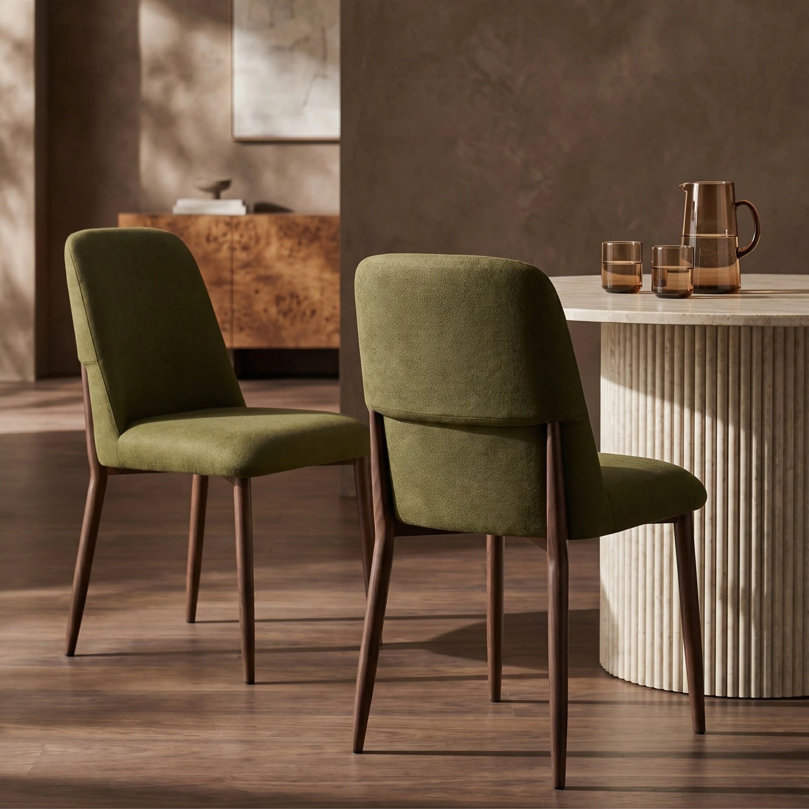Amari Dining Chair | Moss Green Sustainable Mohair Velvet & Walnut