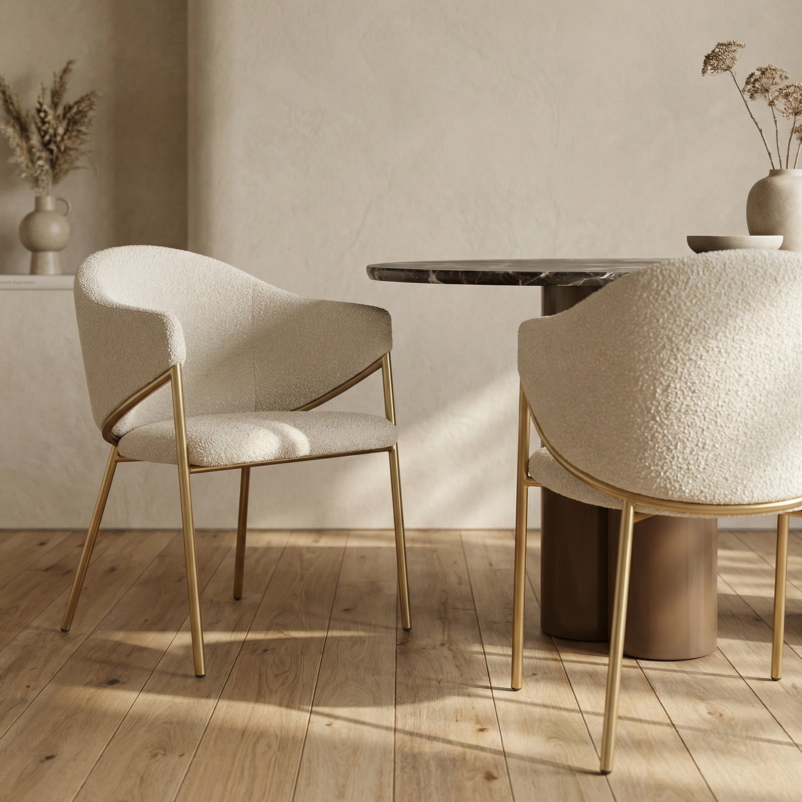 Luca Carver Dining Chair | Speckled Stone Sustainable Boucle & Brass