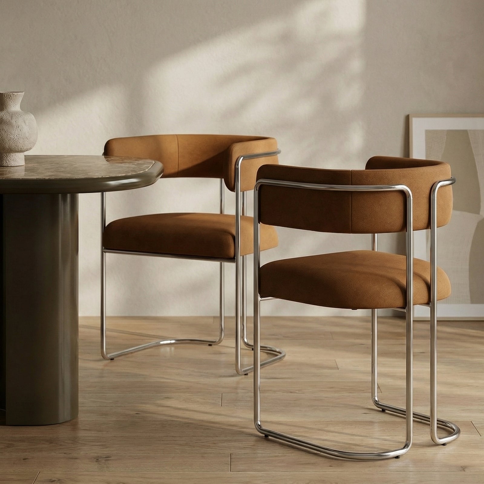 Juliana Carver Dining Chair | Caramel Brown Sustainable Mohair Velvet & Chrome