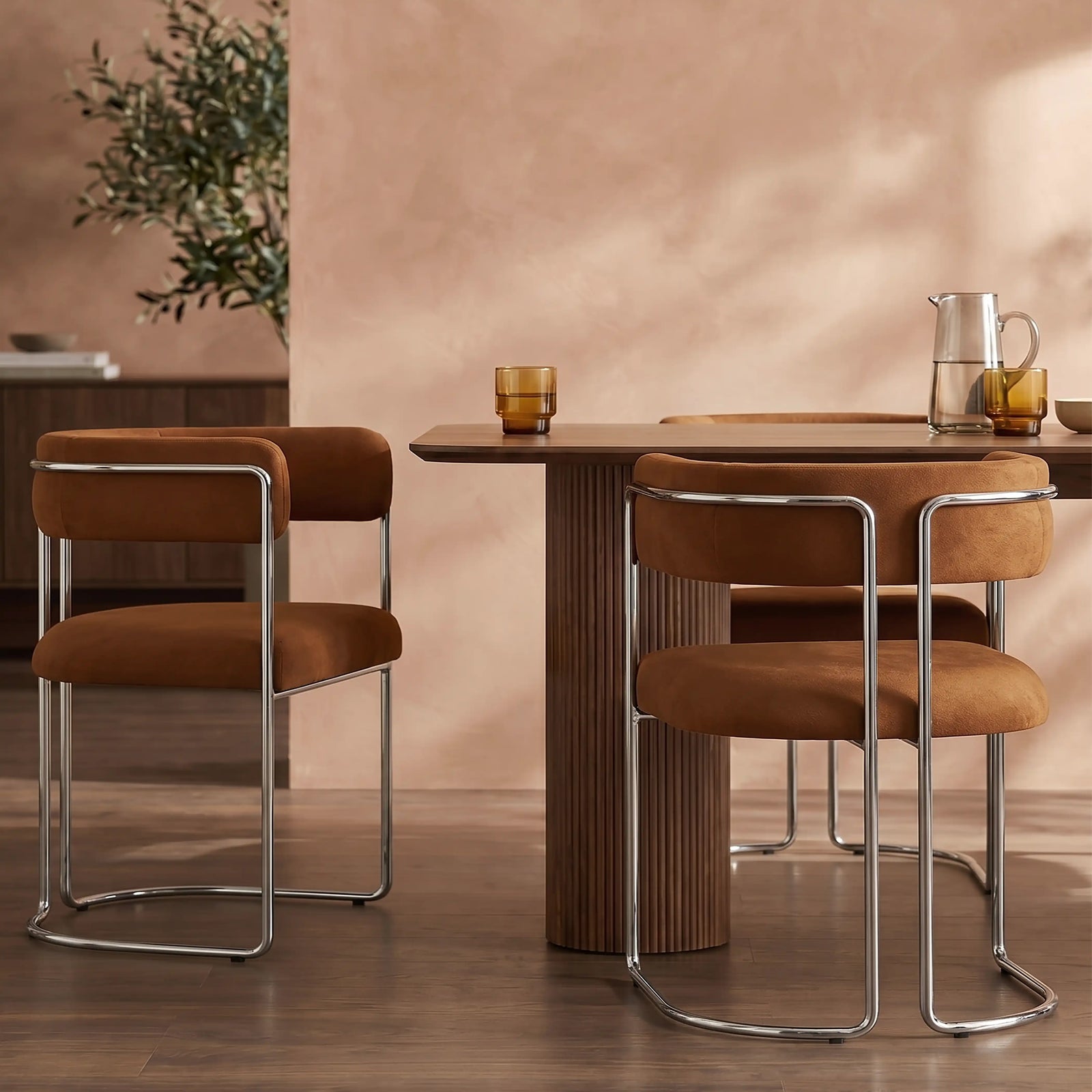 Juliana Carver Dining Chair | Caramel Brown Sustainable Mohair Velvet & Chrome