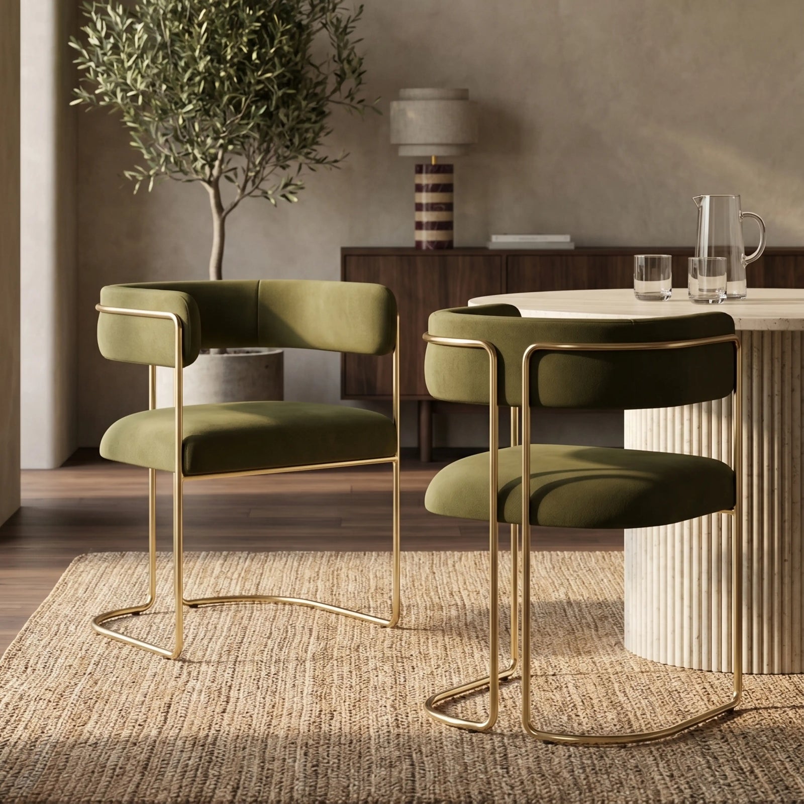 Juliana Carver Dining Chair | Moss Green Sustainable Mohair Velvet & Brass