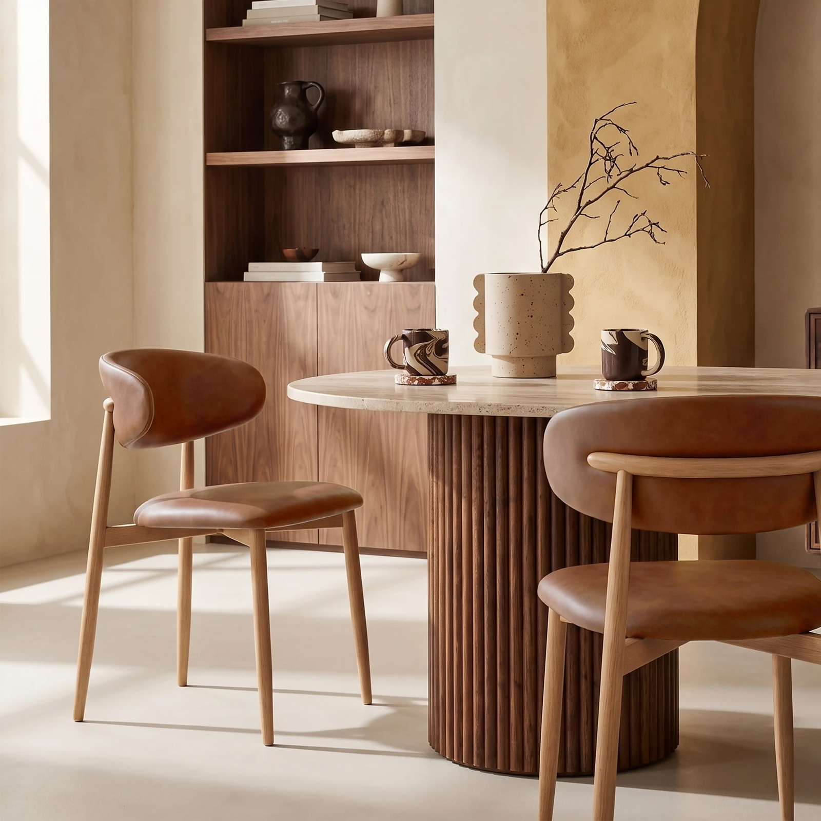 Halston Dining Chair | Vintage Tan Faux Leather & Oak