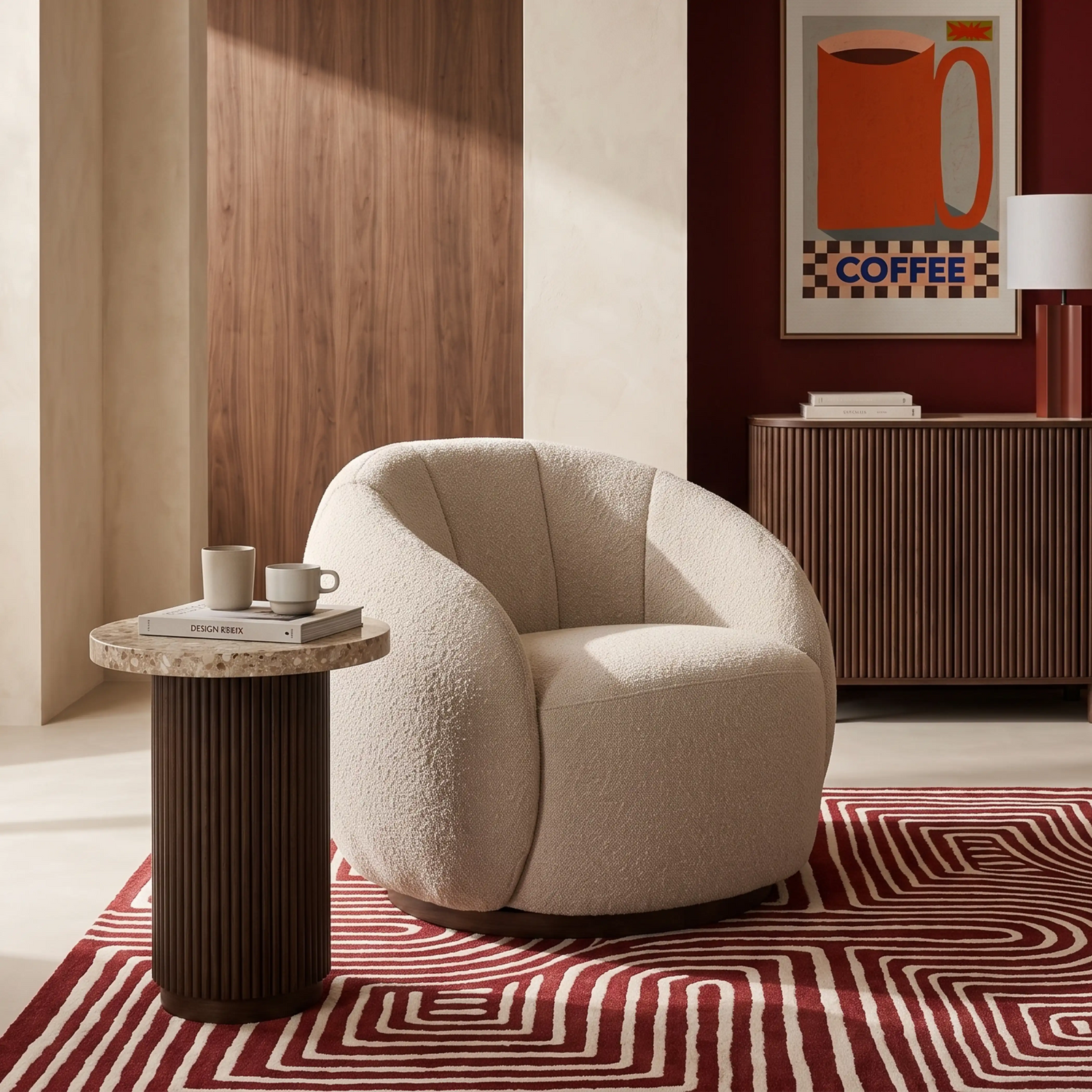 Emile Swivel Armchair | Speckled Stone Sustainable Boucle & Walnut