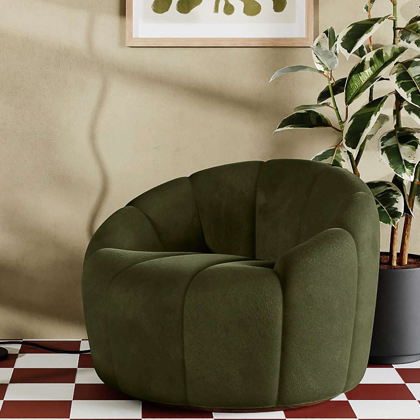 Ivy Swivel Armchair | Olive Green Sustainable Velvet & Walnut