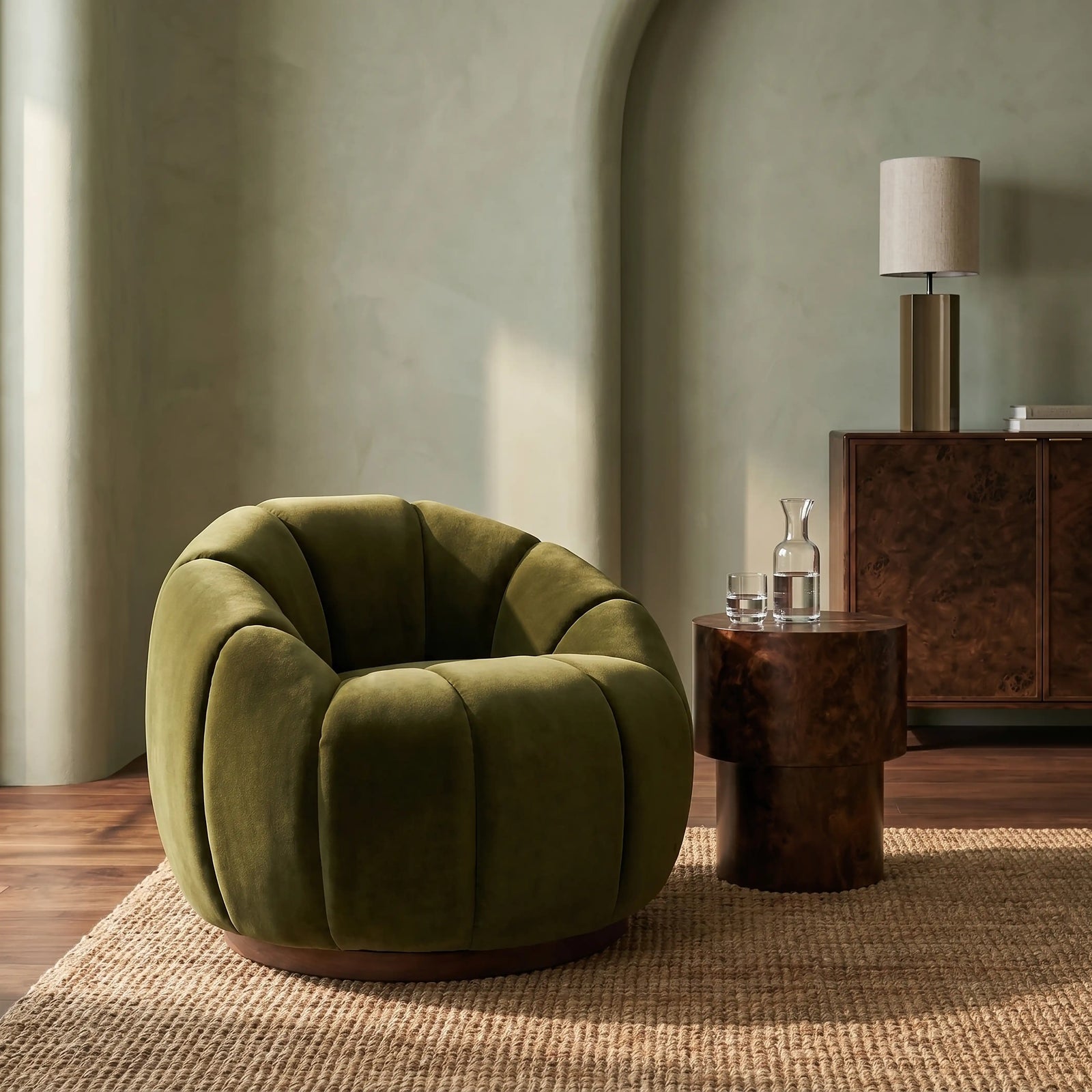 Ivy Swivel Armchair | Olive Green Sustainable Velvet & Walnut