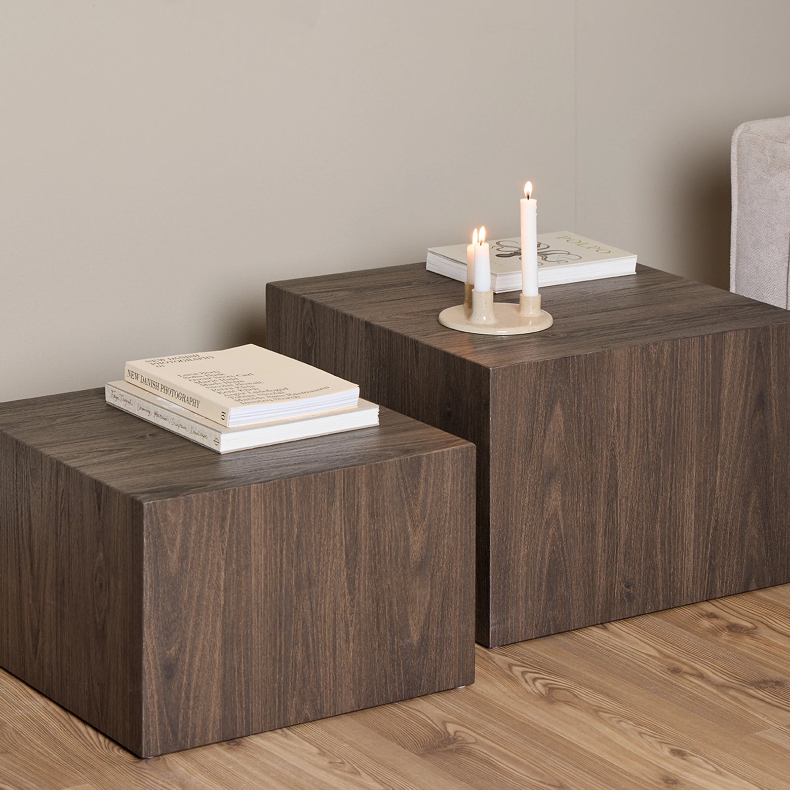 Dice Set Of 2 Square Wooden Coffee Tables | Smoked Walnut