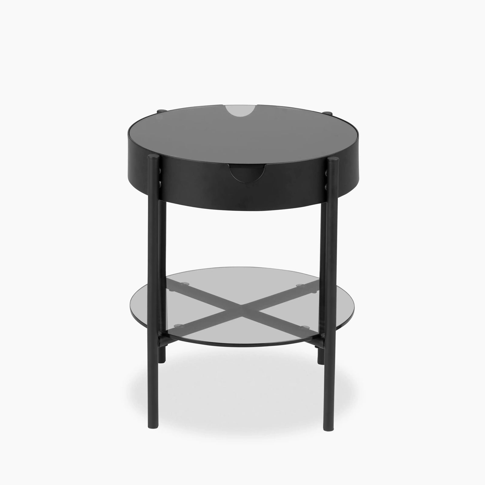 Tipton Round 1 Drawer Bedside Table | Black Glass & Black