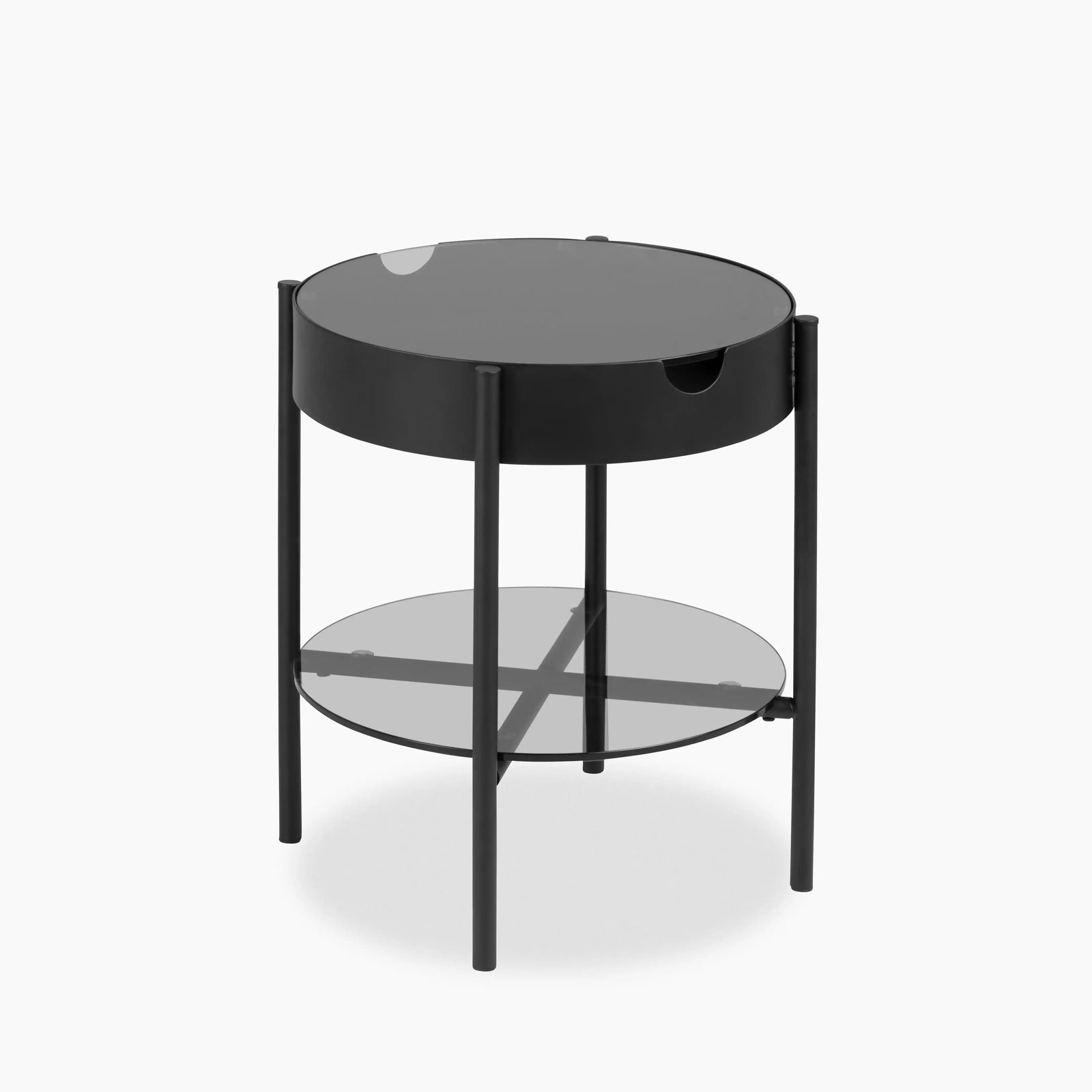 Tipton Round 1 Drawer Bedside Table | Black Glass & Black