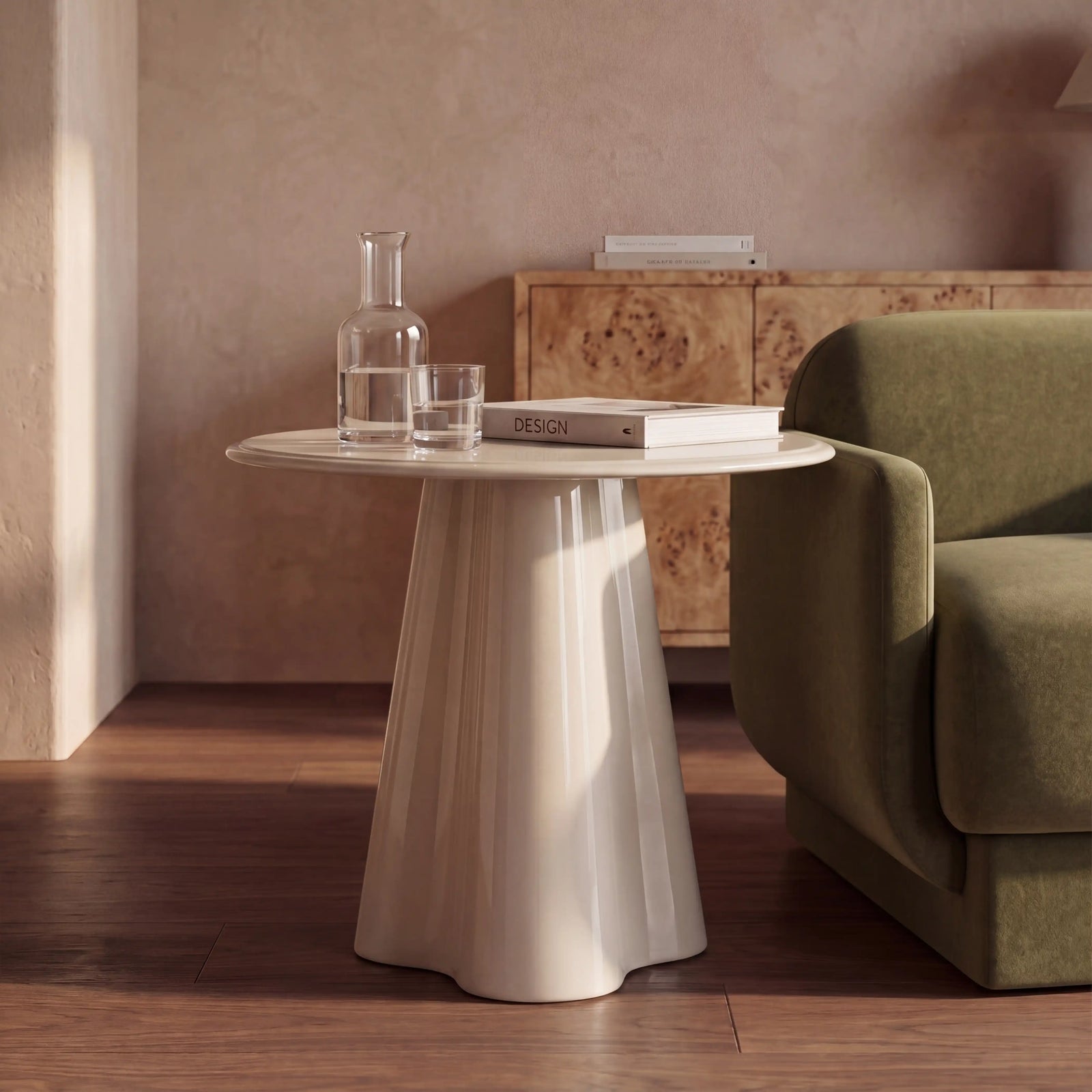Hadley Round Side Table | Soft Ecru Sandblasted Glass & High Gloss Ecru