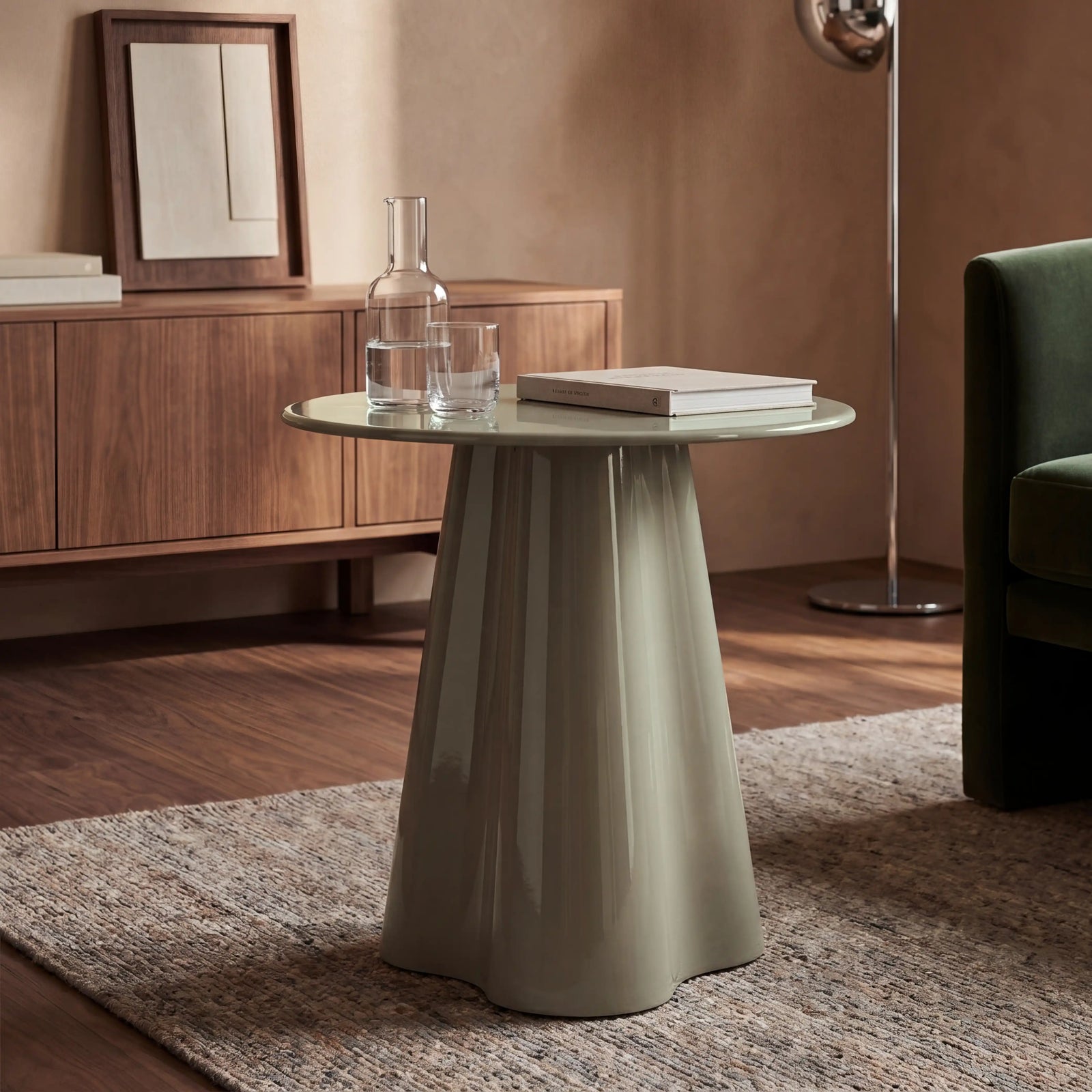 Hadley Round Side Table | Sage Green Sandblasted Glass & High Gloss Sage Green