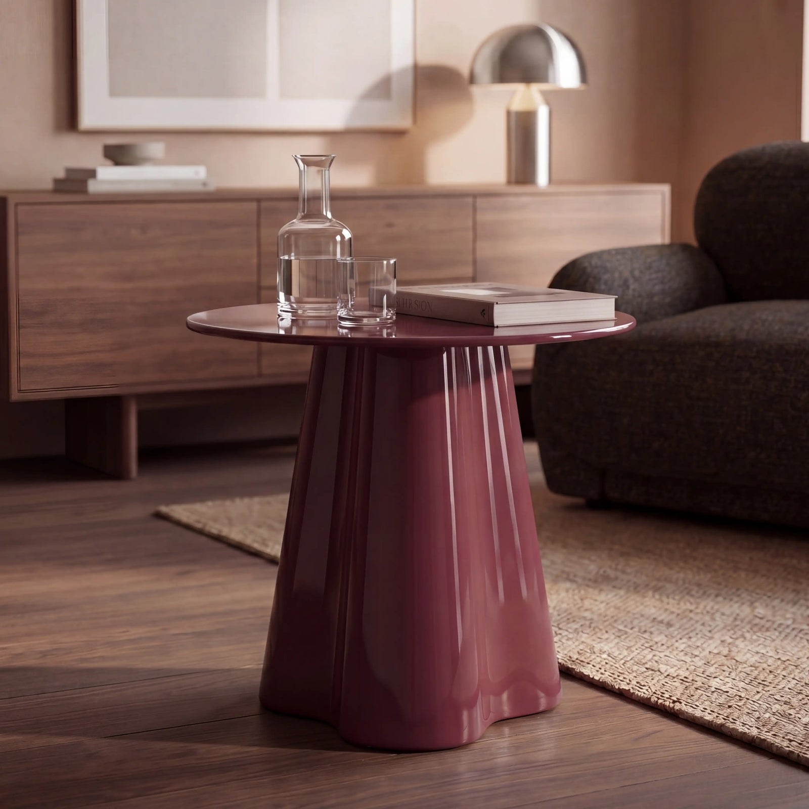 Hadley Round Side Table | Cherry Red Sandblasted Glass & High Gloss Cherry Red