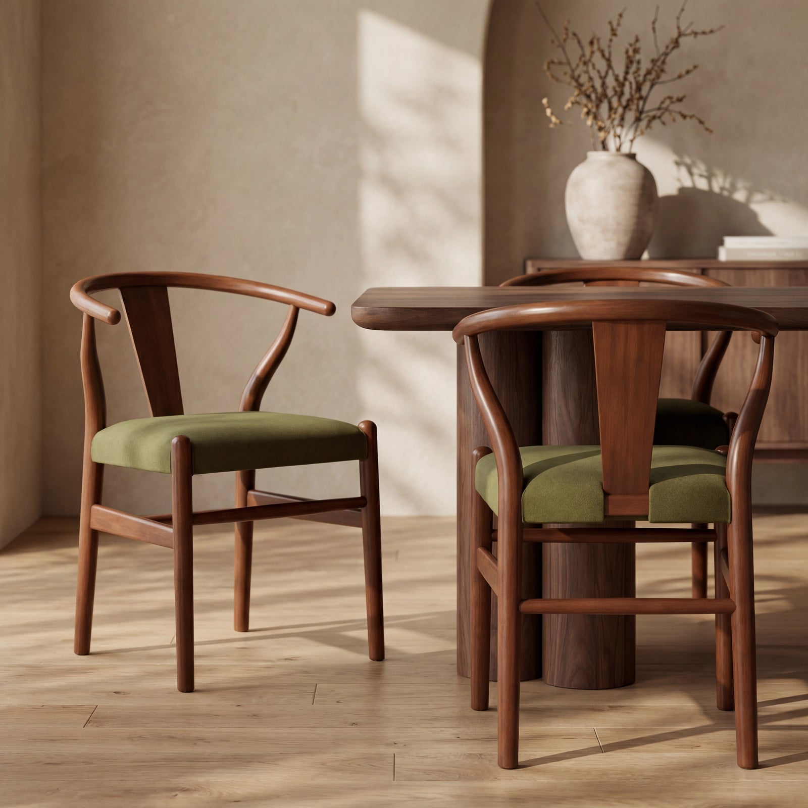 Bjorn Wooden Dining Chair | Moss Green Sustainable Mohair Velvet & Walnut