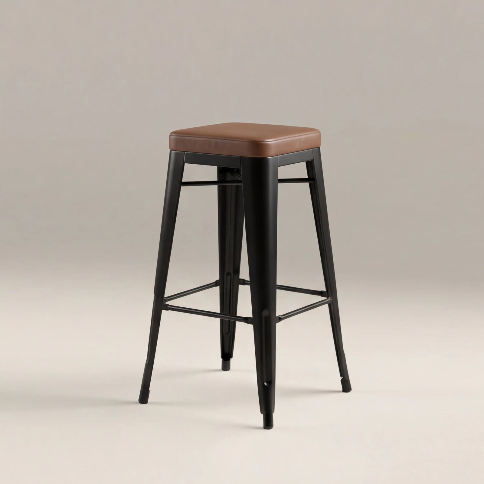 Tolix Style Stackable Bar Stool | Tan Faux Leather & Black