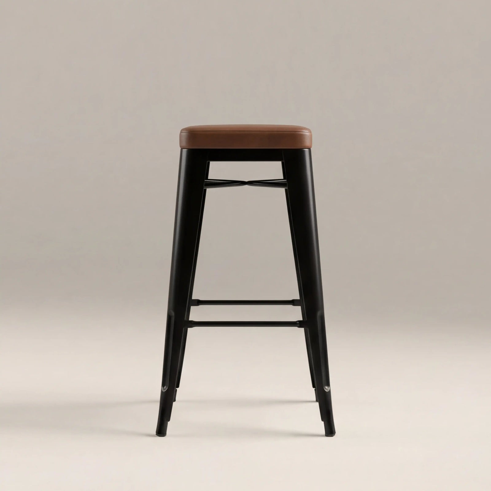 Tolix Style Stackable Bar Stool | Tan Faux Leather & Black