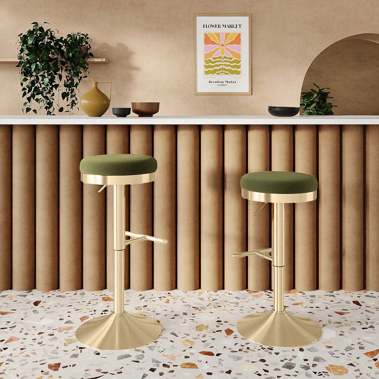Romy Adjustable Stool | Olive Green Sustainable Velvet & Brass