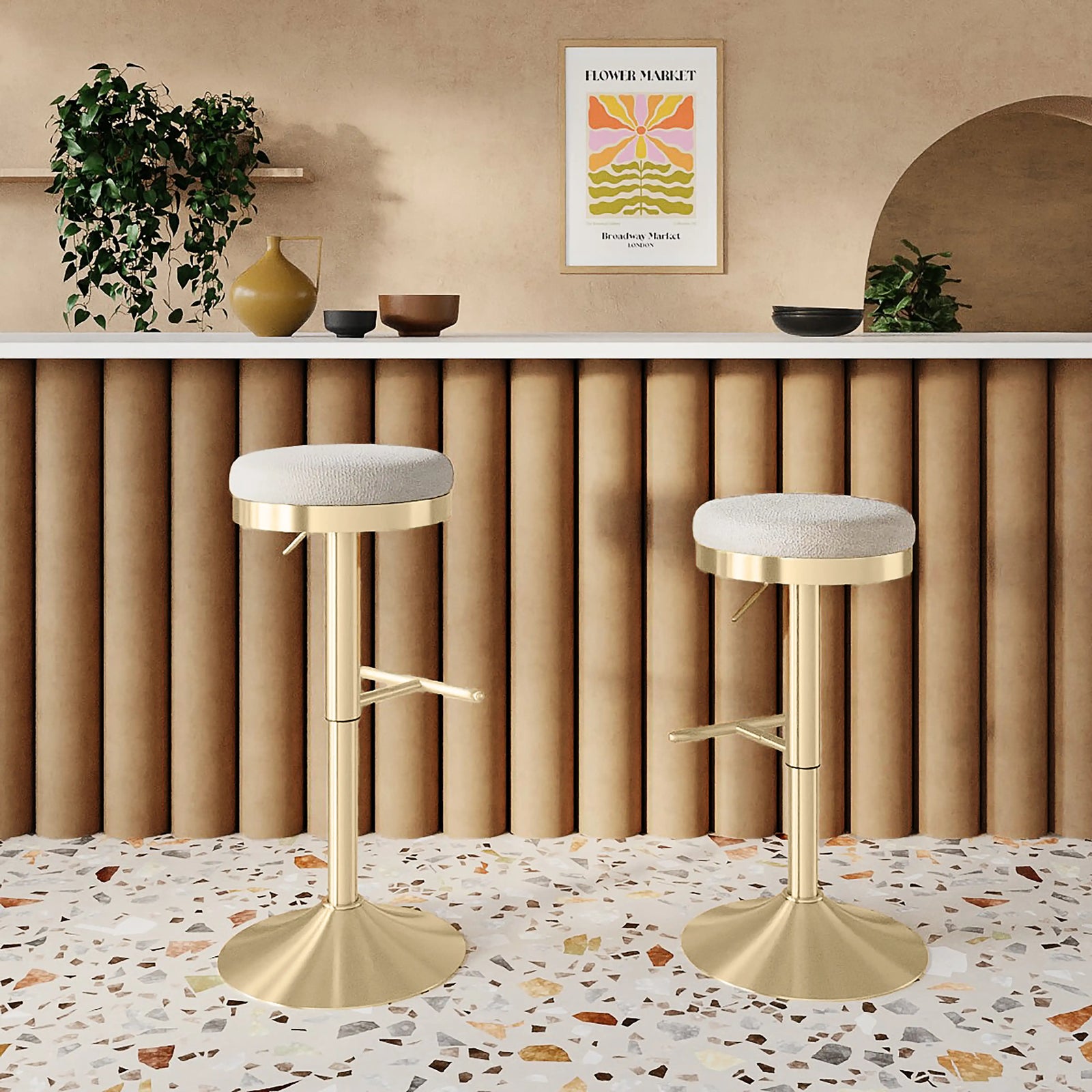 Romy Adjustable Stool | Speckled Stone Sustainable Boucle & Brass