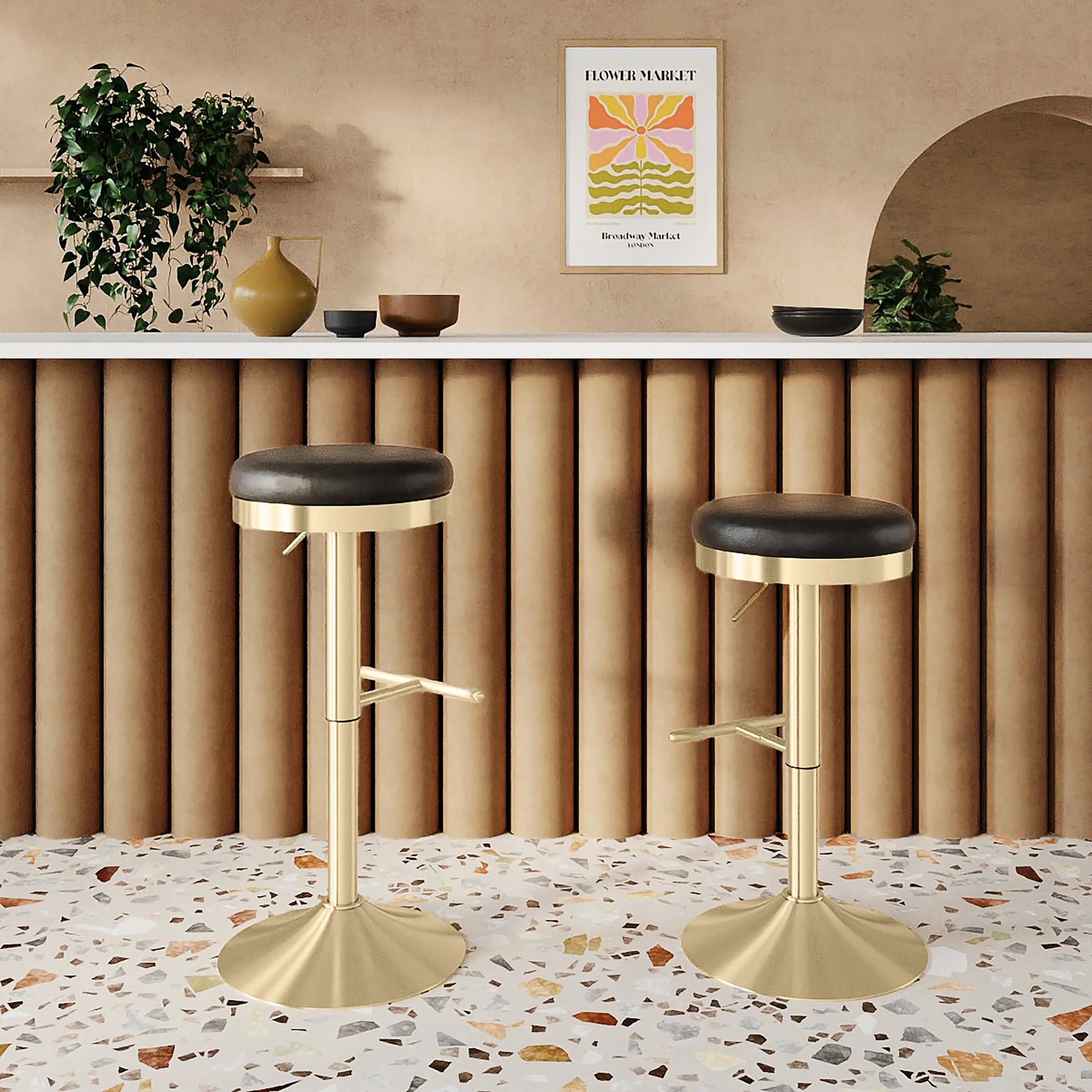 Romy Adjustable Stool | Vintage Black Faux Leather & Brass