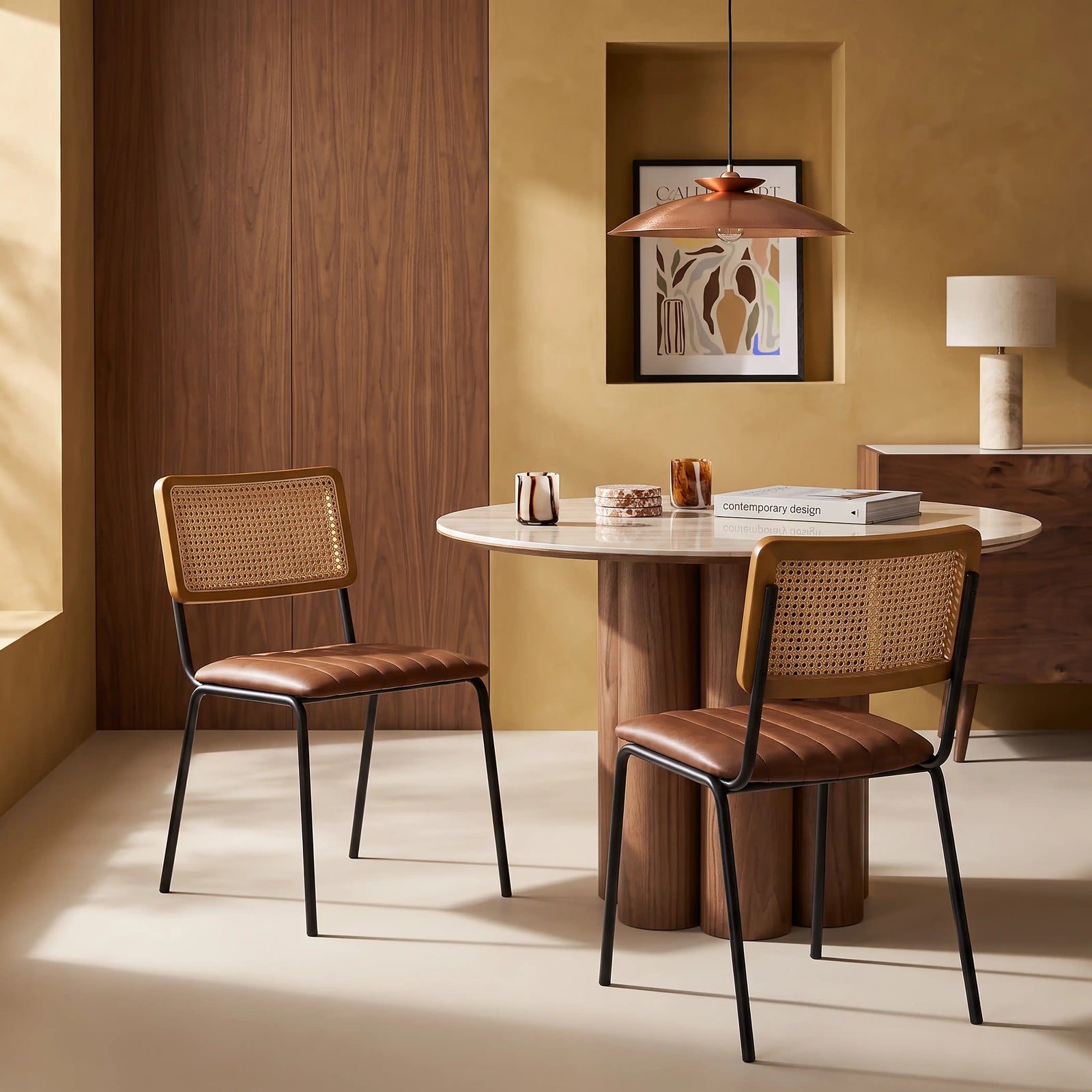 Willis Stackable Dining Chair | Vintage Tan Faux Leather & Black