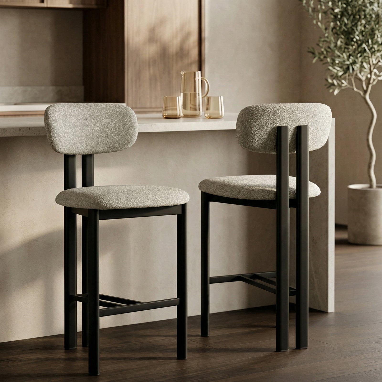 Arbor Kitchen Stool | Speckled Stone Sustainable Boucle & Black