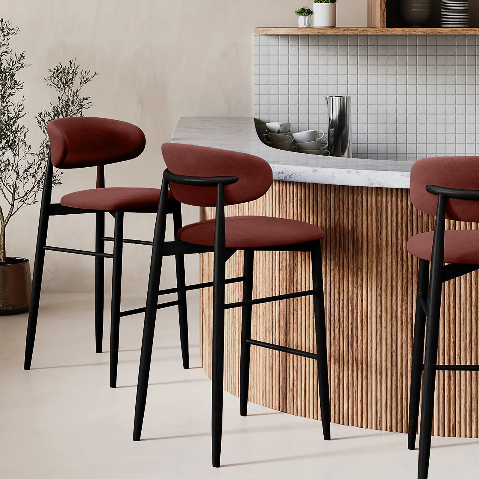 Halston Bar Stool | Rust Sustainable Velvet & Black