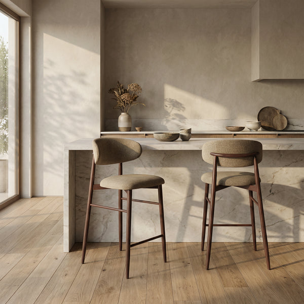 Halston Kitchen Stool, Latte Sustainable Fabric & Walnut | Cult