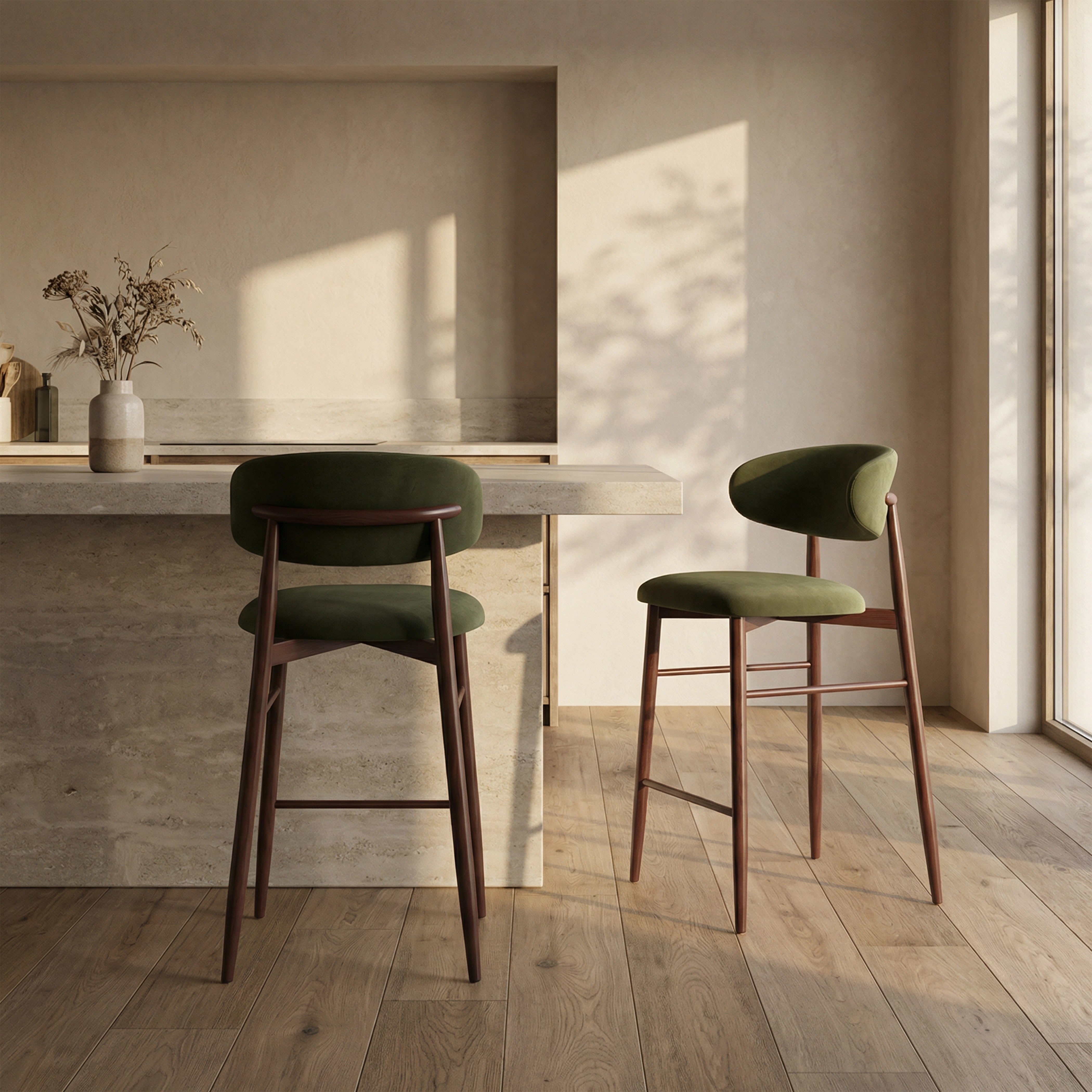 Halston Kitchen Stool, Olive Green Sustainable Velvet & Walnut